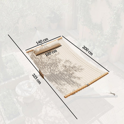 Outdoor Hammock 200 x 140 cm (79" x 55") – Quilted Two-Layer Double Hammock with Headrest, Magazine Pocket & Beech Wood Spreaders, Cream White