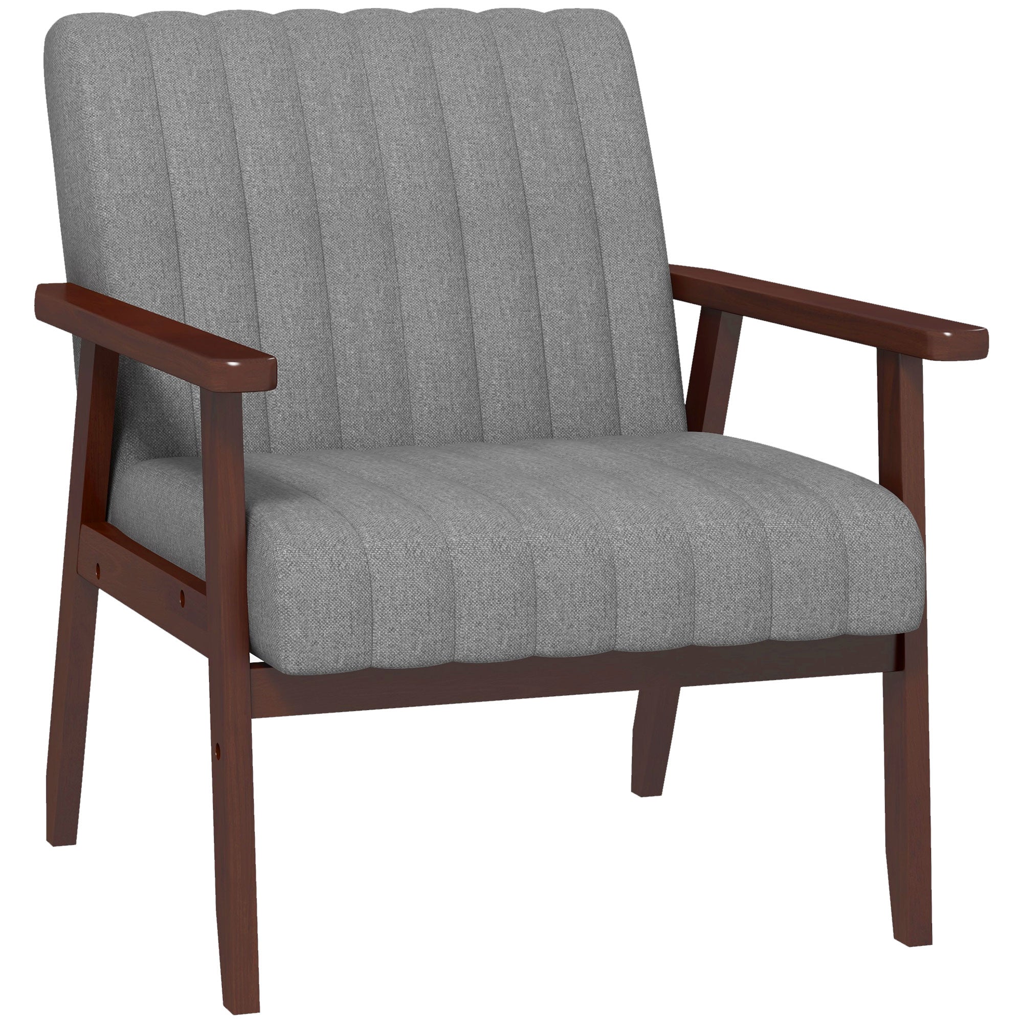 Fabric Bedroom Armchair, Upholstered Chair with Wooden Armrests and Tubular Stitching, Gray