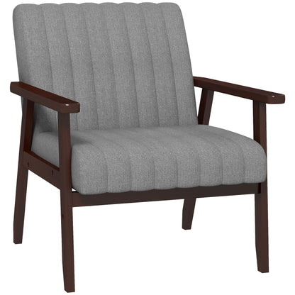 Fabric Bedroom Armchair, Upholstered Chair with Wooden Armrests and Tubular Stitching, Gray