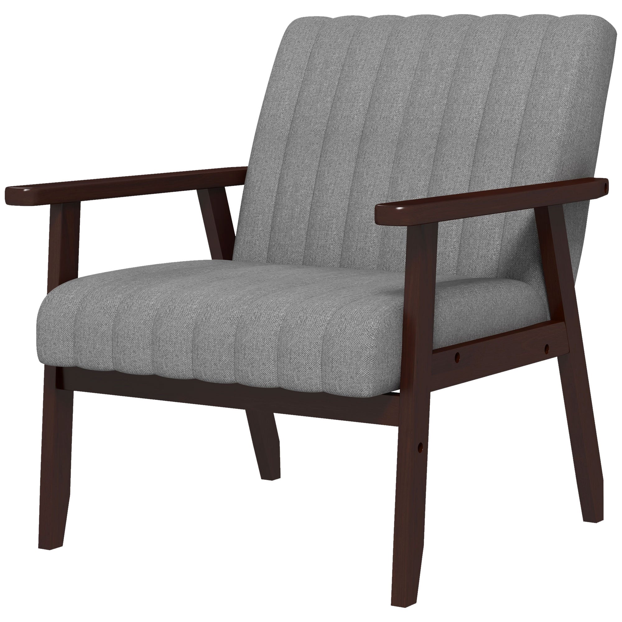 Fabric Bedroom Armchair, Upholstered Chair with Wooden Armrests and Tubular Stitching, Gray