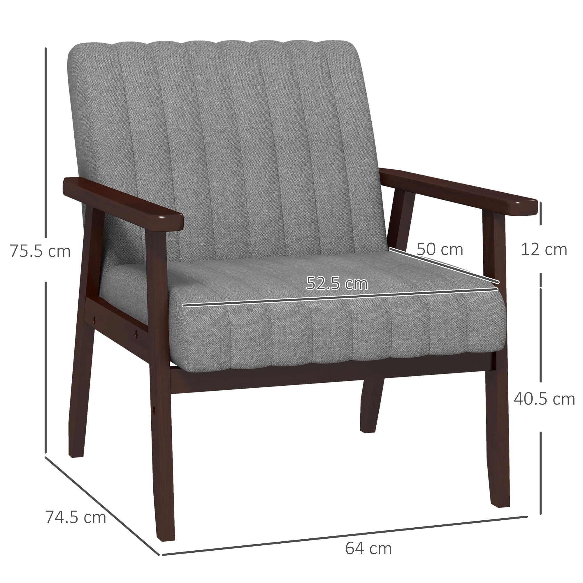 Fabric Bedroom Armchair, Upholstered Chair with Wooden Armrests and Tubular Stitching, Gray