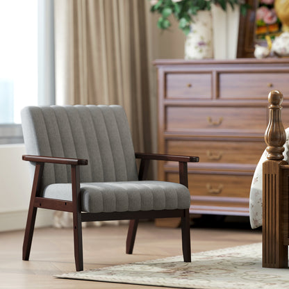 Fabric Bedroom Armchair, Upholstered Chair with Wooden Armrests and Tubular Stitching, Gray