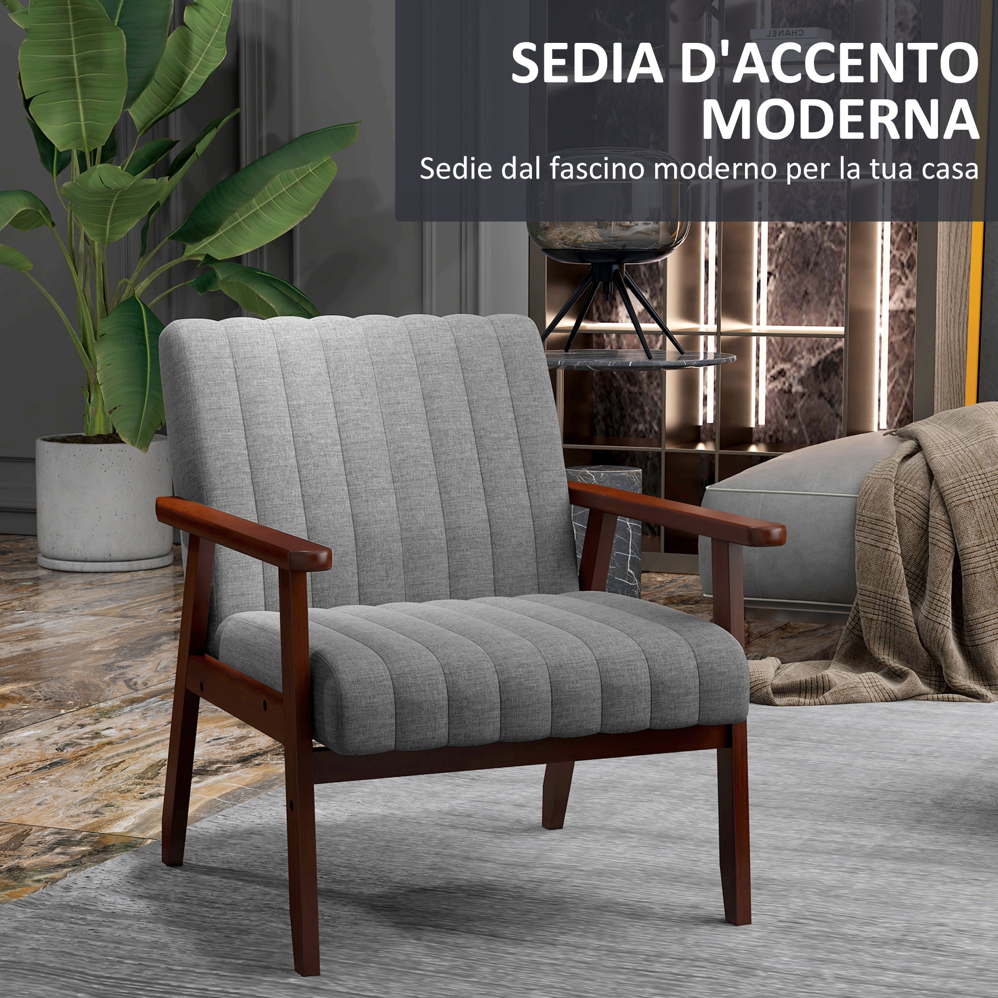 Fabric Bedroom Armchair, Upholstered Chair with Wooden Armrests and Tubular Stitching, Gray