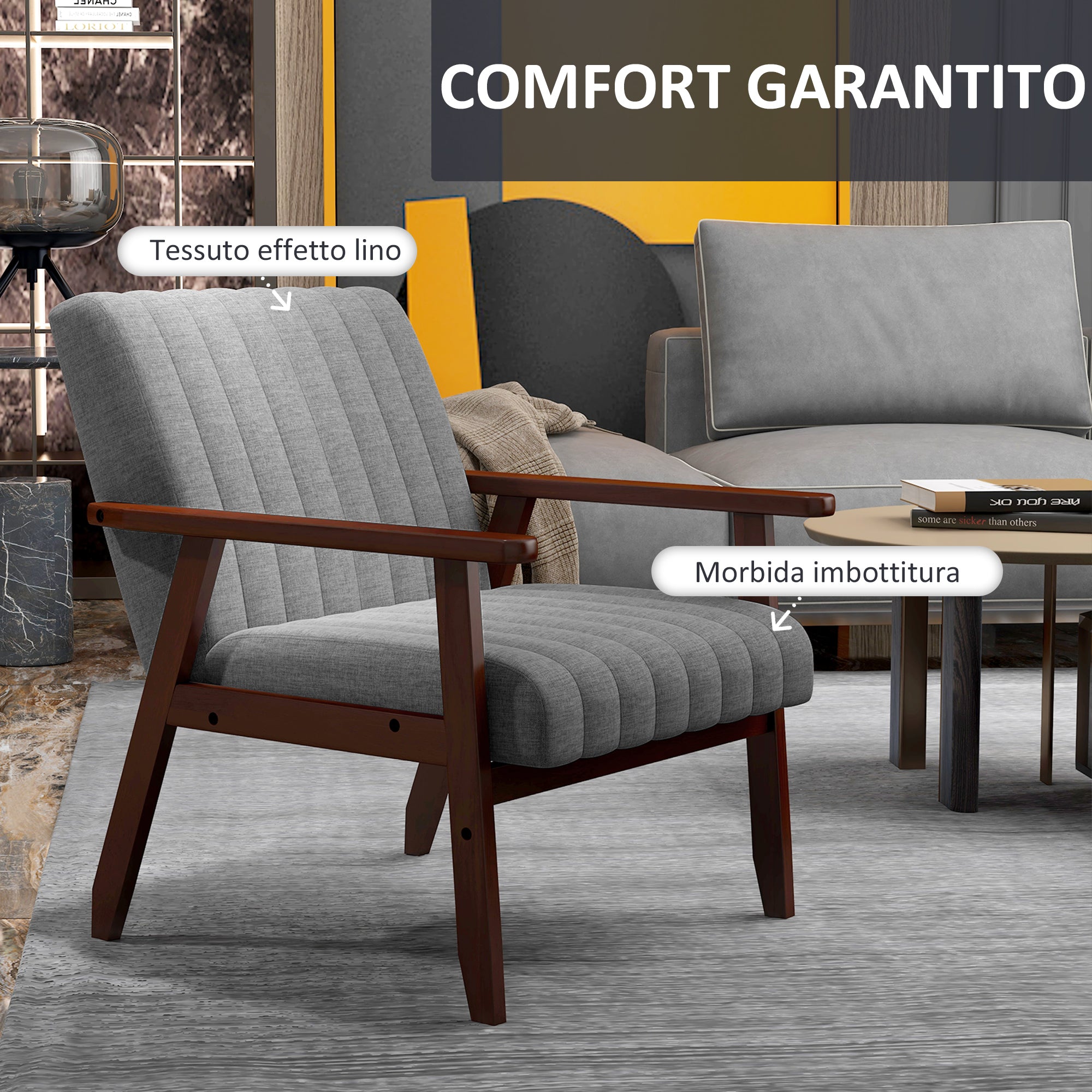 Fabric Bedroom Armchair, Upholstered Chair with Wooden Armrests and Tubular Stitching, Gray