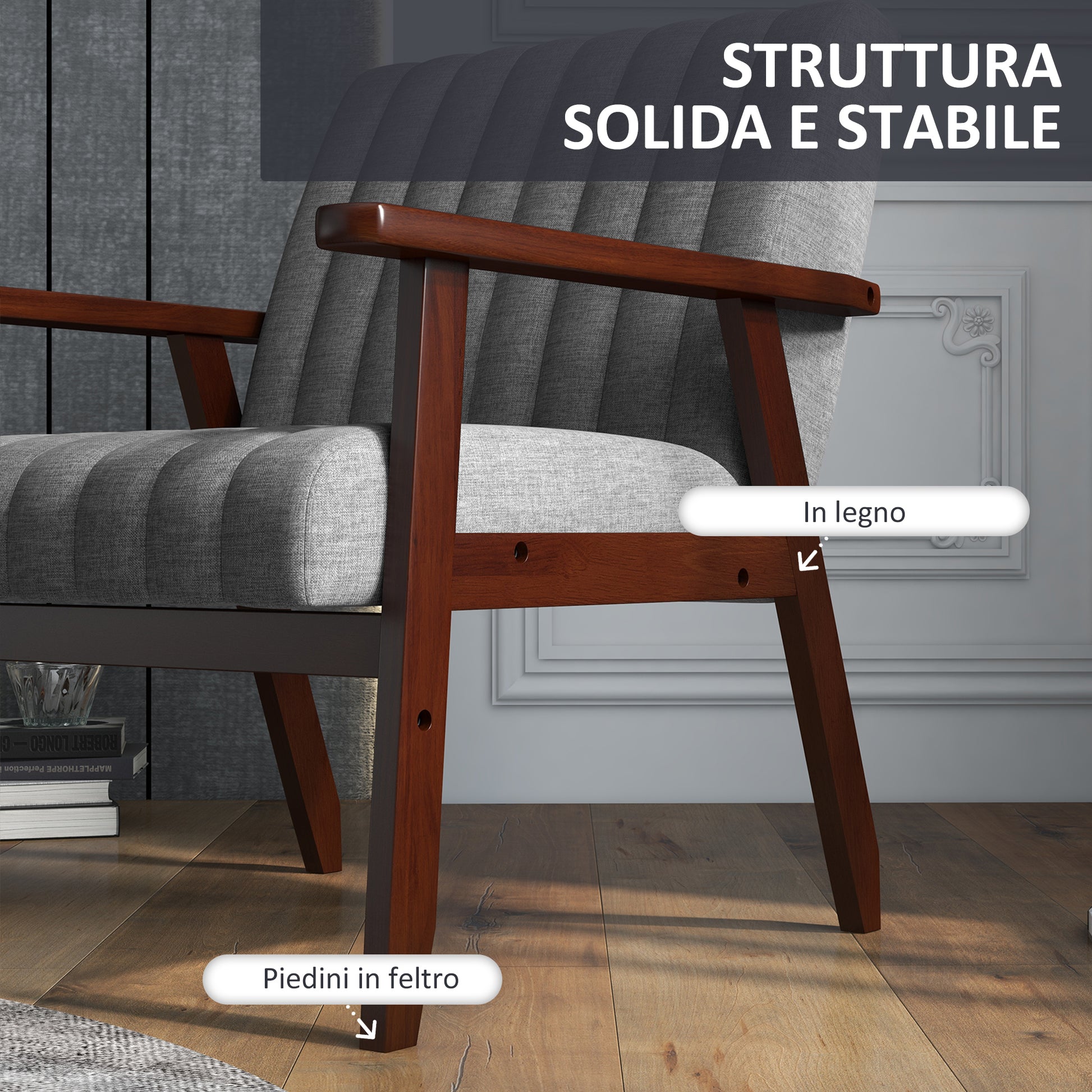 Fabric Bedroom Armchair, Upholstered Chair with Wooden Armrests and Tubular Stitching, Gray