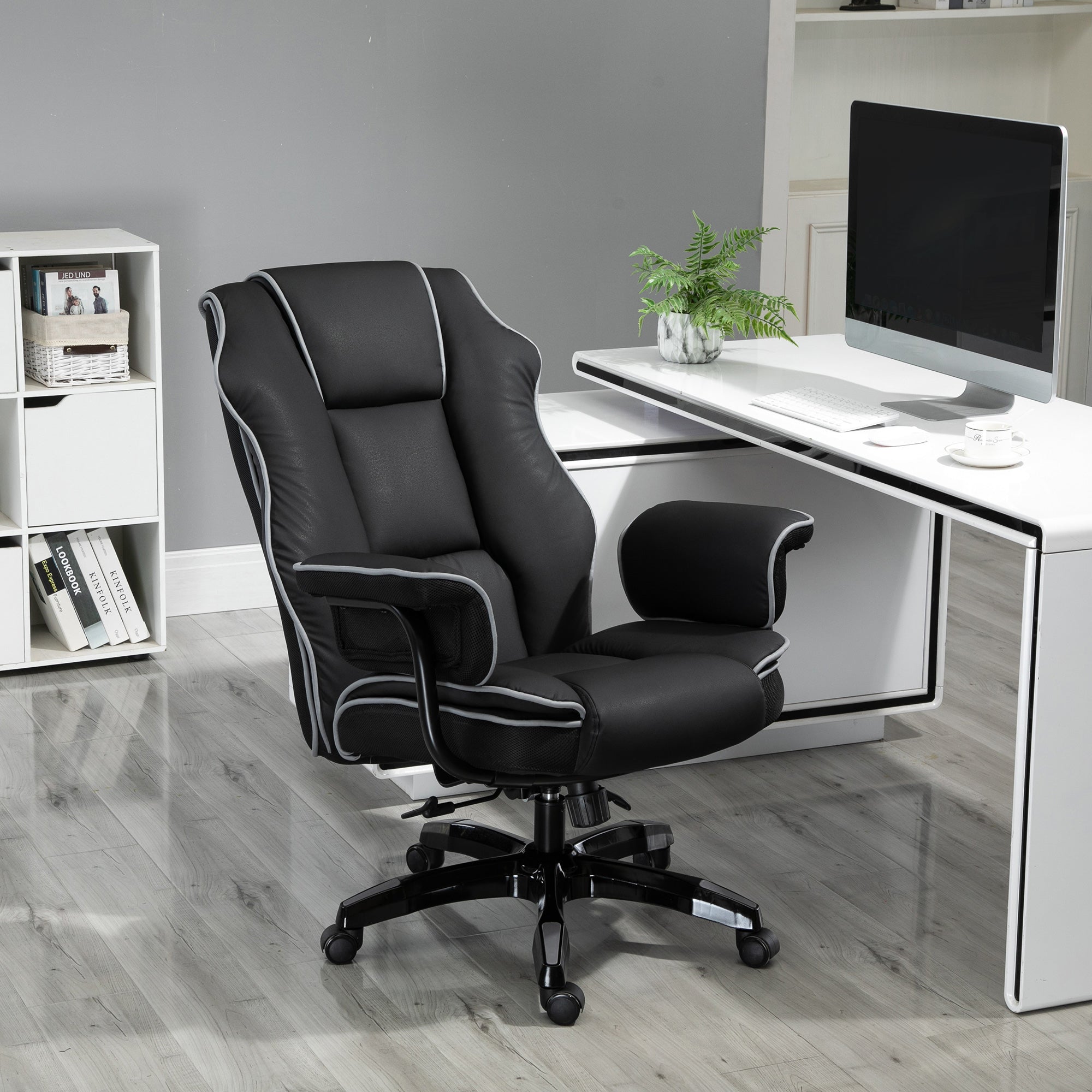 Office Chair, Ergonomic Desk Chair with Reclining Function, Swivel Function, Height Adjustable Computer Chair for Home Office, Faux Leather, Black