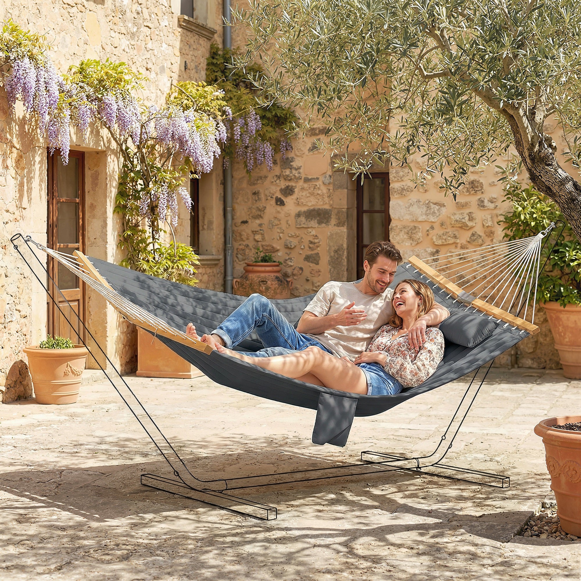 Double Quilted Outdoor Hammock with Headrest, Magazine Pocket & Beech Wood Spreaders, 200 x 140 cm (78.7 x 55 in) — Gray
