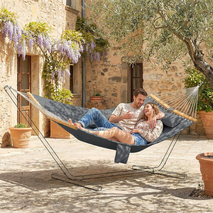 Double Quilted Outdoor Hammock with Headrest, Magazine Pocket & Beech Wood Spreaders, 200 x 140 cm (78.7 x 55 in) — Gray
