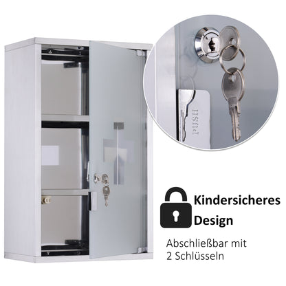 Medicine Cabinet Stainless Steel, Lockable Medication Cabinet with 3 Compartments, Glass Door Apothecary Cabinet for Medication Storage, 30 x 18 x 50 cm