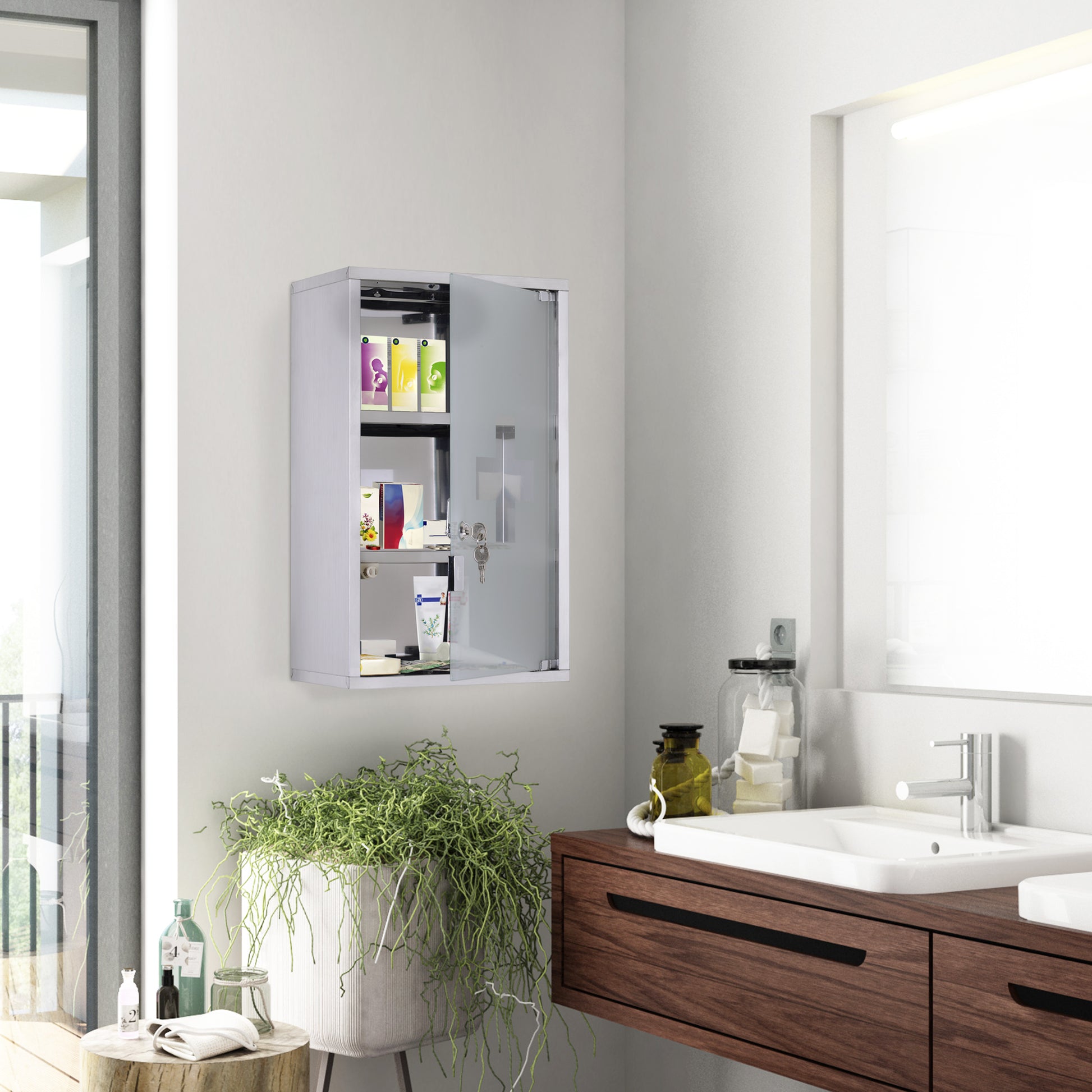 Medicine Cabinet Stainless Steel, Lockable Medication Cabinet with 3 Compartments, Glass Door Apothecary Cabinet for Medication Storage, 30 x 18 x 50 cm