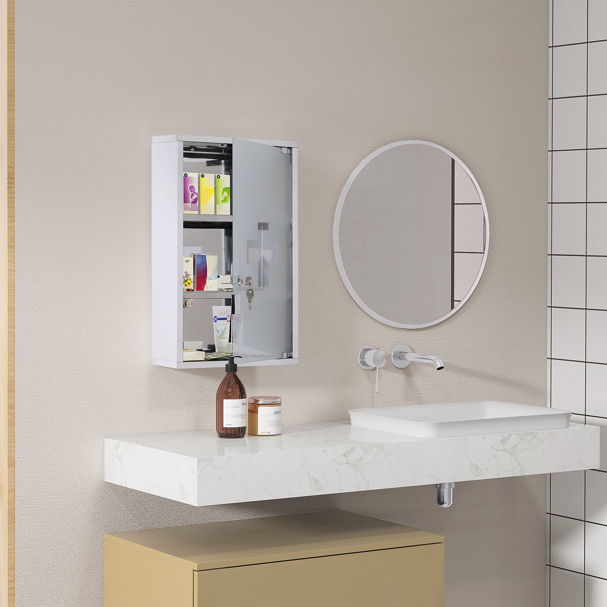Medicine Cabinet Stainless Steel, Lockable Medication Cabinet with 3 Compartments, Glass Door Apothecary Cabinet for Medication Storage, 30 x 18 x 50 cm