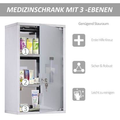 Medicine Cabinet Stainless Steel, Lockable Medication Cabinet with 3 Compartments, Glass Door Apothecary Cabinet for Medication Storage, 30 x 18 x 50 cm