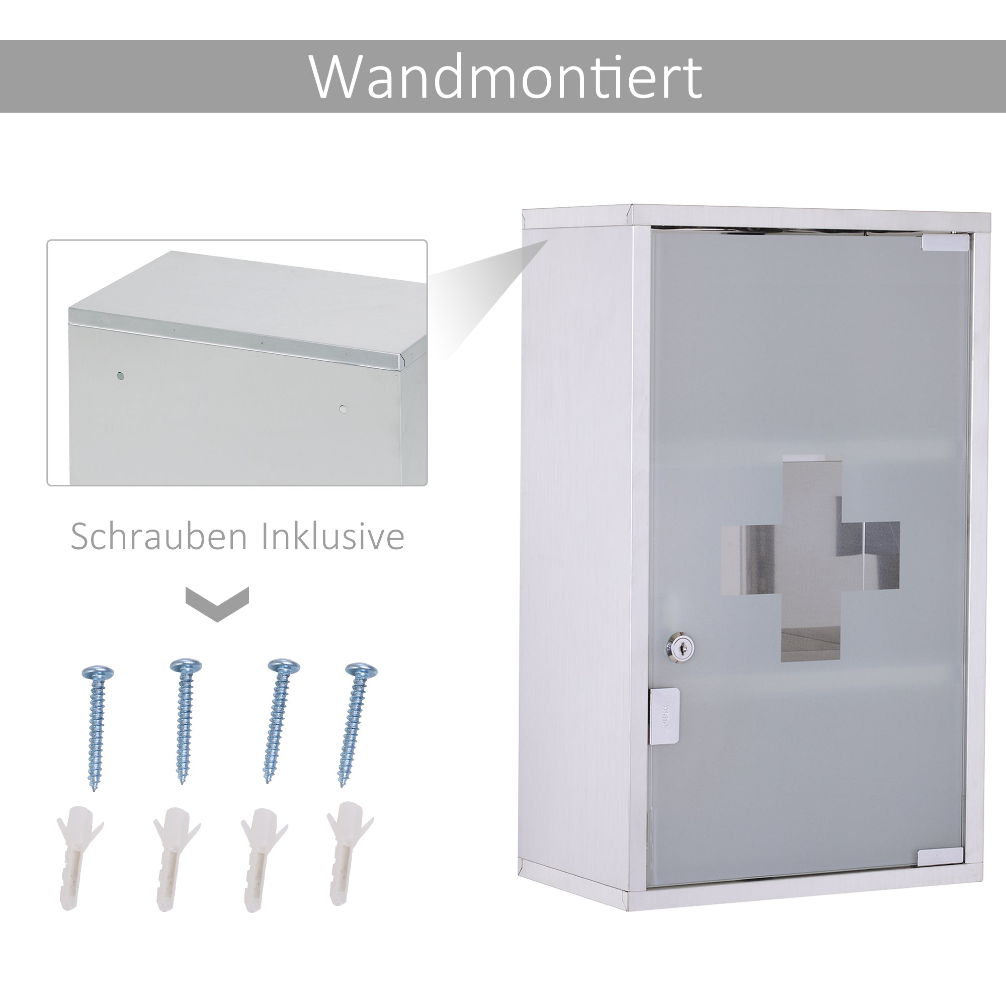 Medicine Cabinet Stainless Steel, Lockable Medication Cabinet with 3 Compartments, Glass Door Apothecary Cabinet for Medication Storage, 30 x 18 x 50 cm