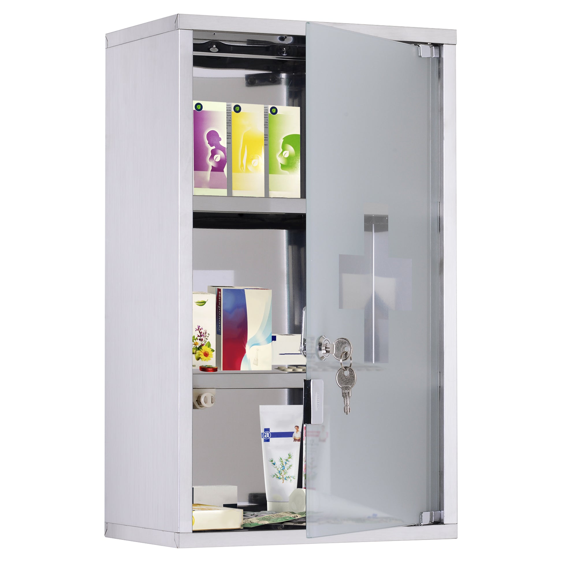 Medicine Cabinet Stainless Steel, Lockable Medication Cabinet with 3 Compartments, Glass Door Apothecary Cabinet for Medication Storage, 30 x 18 x 50 cm