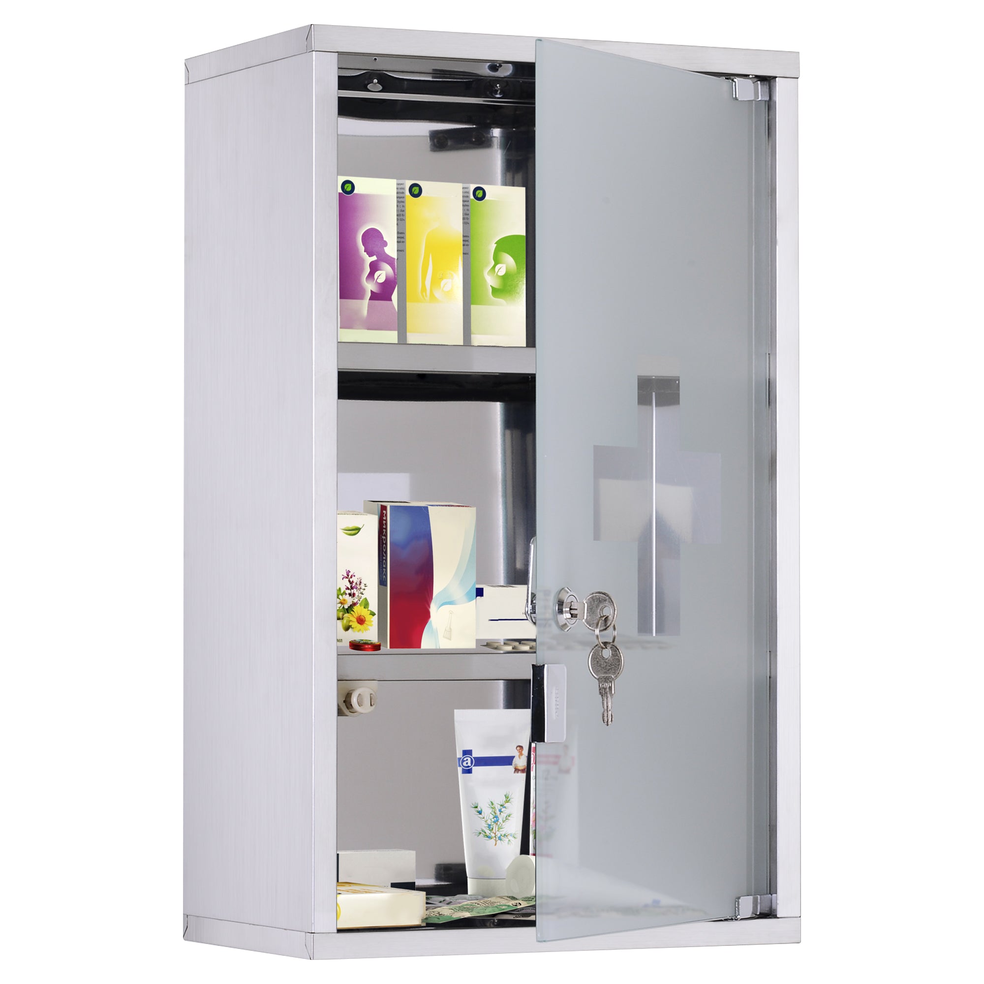 Medicine Cabinet Stainless Steel, Lockable Medication Cabinet with 3 Compartments, Glass Door Apothecary Cabinet for Medication Storage, 30 x 18 x 50 cm