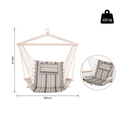 Hanging Chair with Striped Print Hammock with Headrest Cushion for Indoor Outdoor 100x106 cm Max Load 100 kg