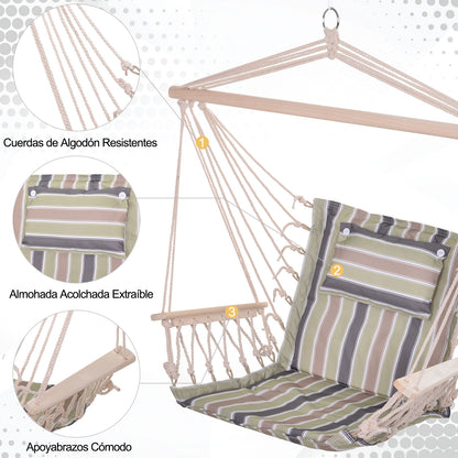 Hanging Chair with Striped Print Hammock with Headrest Cushion for Indoor Outdoor 100x106 cm Max Load 100 kg