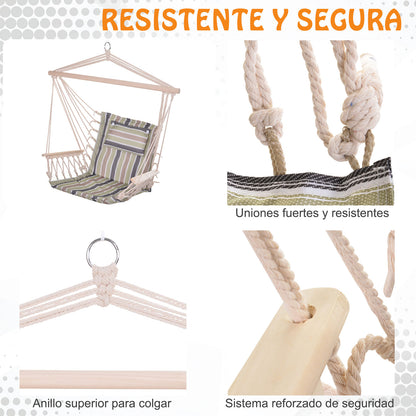 Hanging Chair with Striped Print Hammock with Headrest Cushion for Indoor Outdoor 100x106 cm Max Load 100 kg