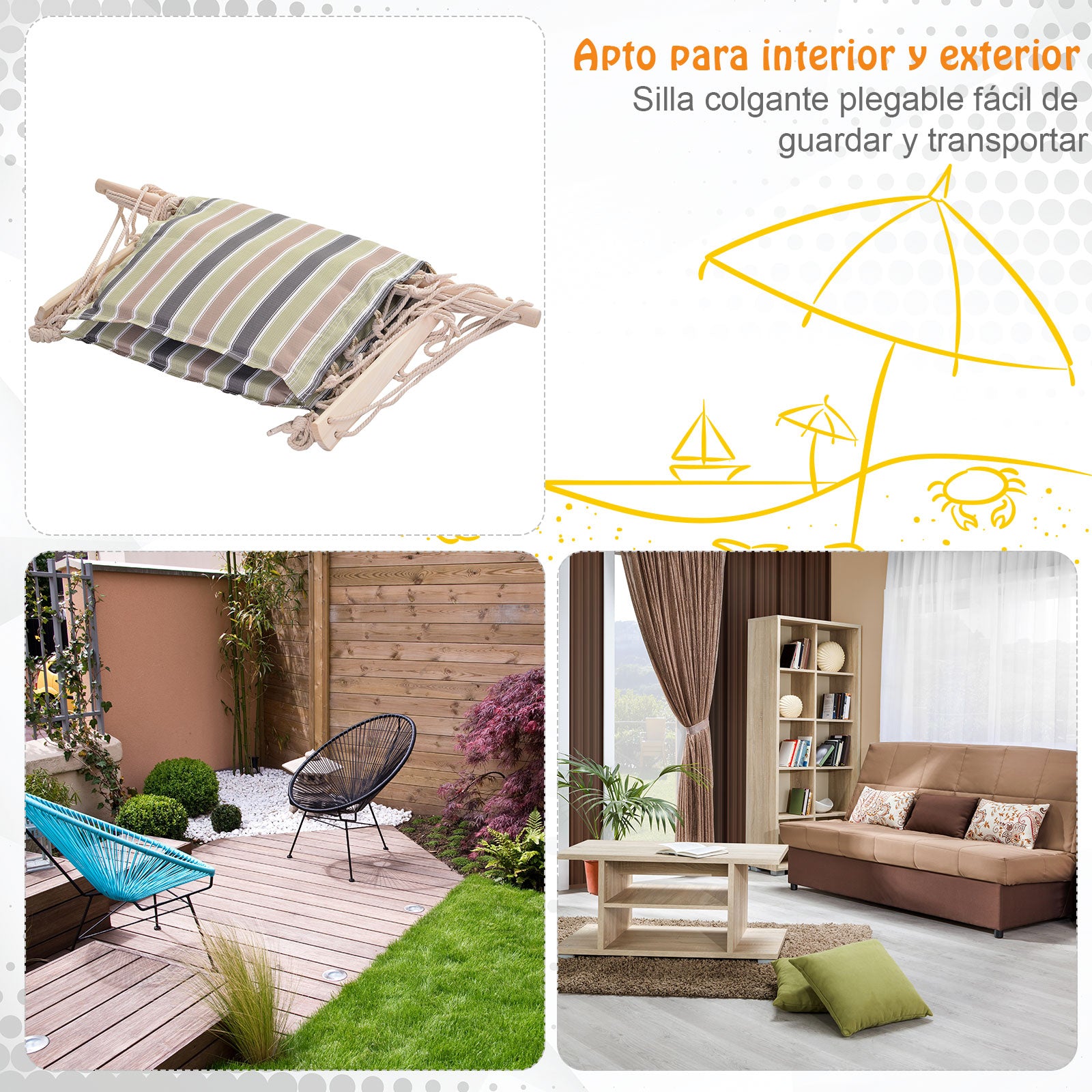 Hanging Chair with Striped Print Hammock with Headrest Cushion for Indoor Outdoor 100x106 cm Max Load 100 kg