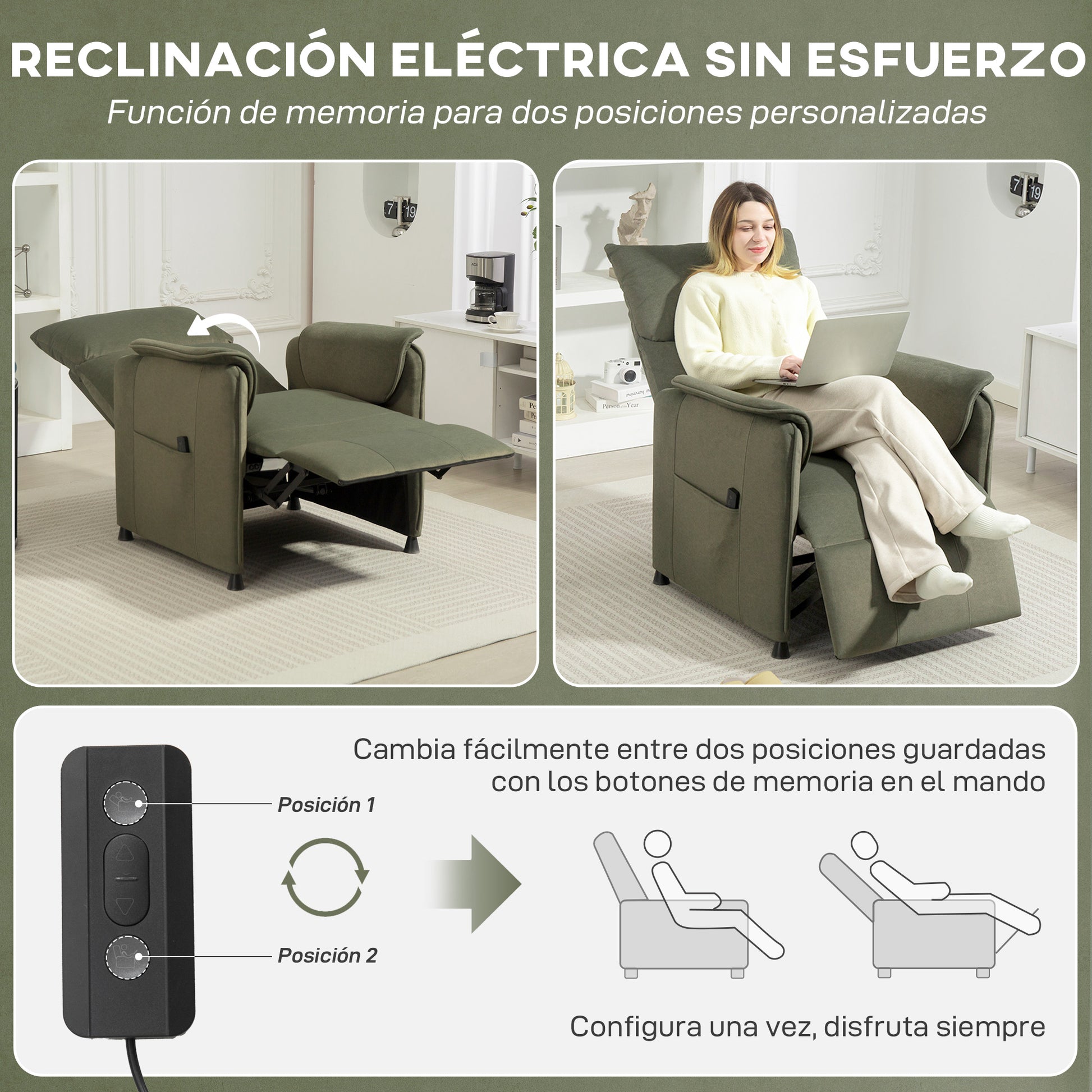 Electric Reclining Relax Armchair Silent Recliner with Memory Function Footrest Remote Control Side Pockets Pet-Friendly Fabric for Bedroom Living Room Dark Green