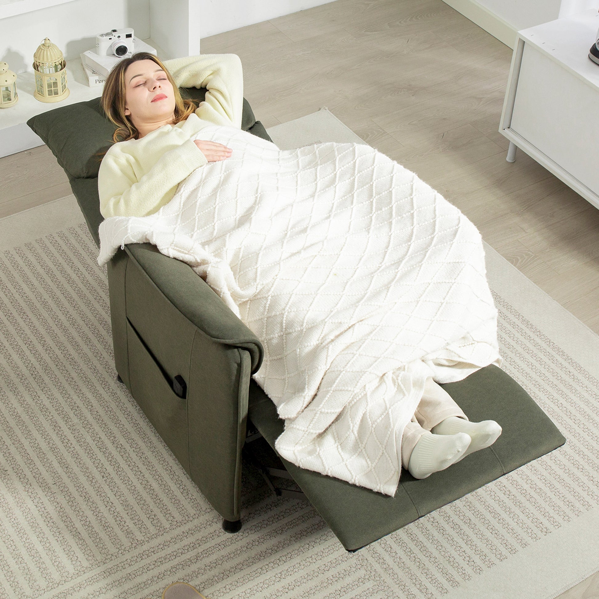 Electric Reclining Relax Armchair Silent Recliner with Memory Function Footrest Remote Control Side Pockets Pet-Friendly Fabric for Bedroom Living Room Dark Green
