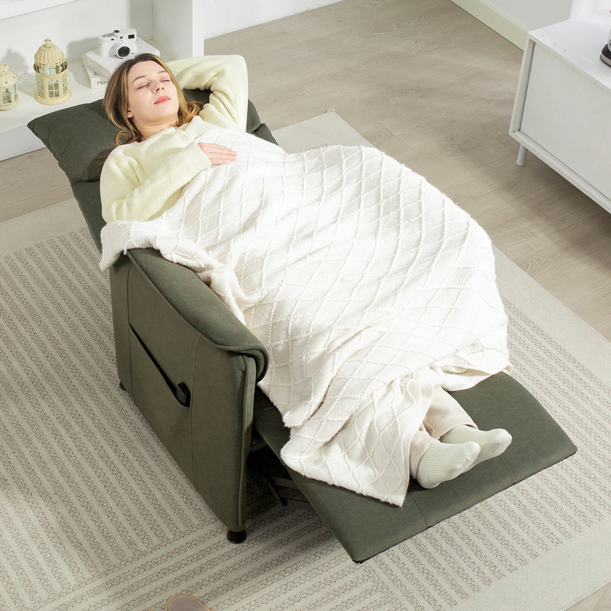 Electric Reclining Relax Armchair Silent Recliner with Memory Function Footrest Remote Control Side Pockets Pet-Friendly Fabric for Bedroom Living Room Dark Green