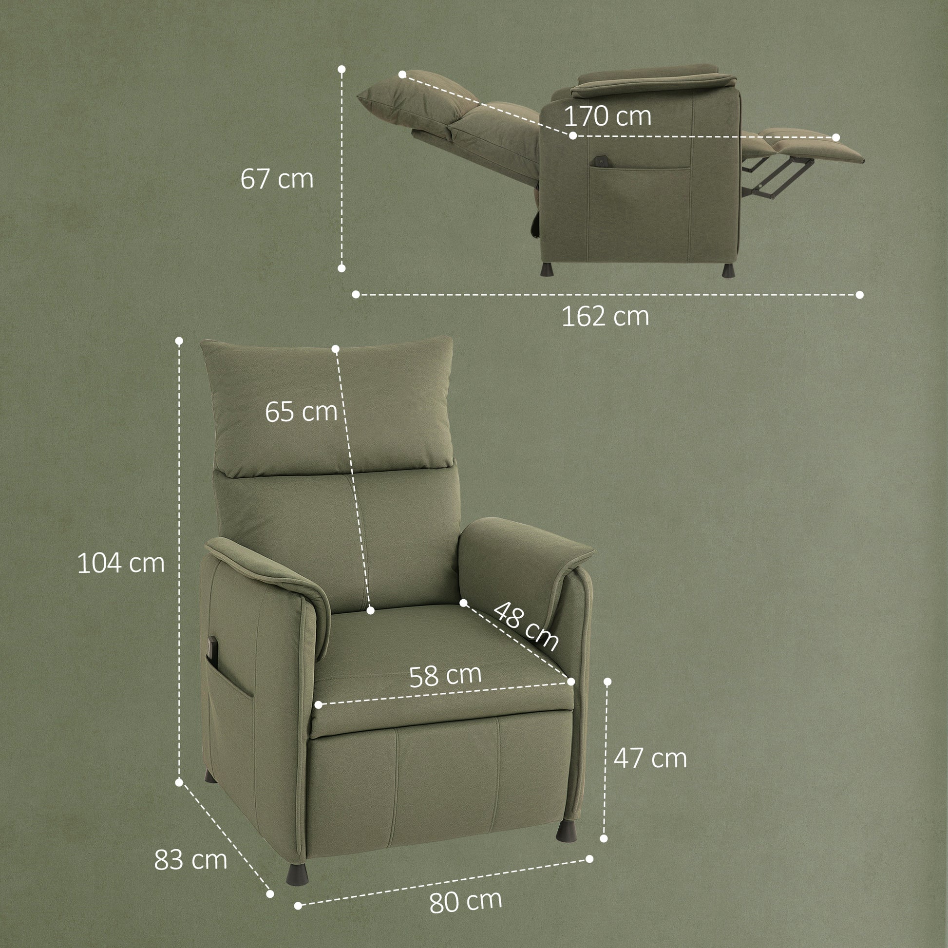 Electric Reclining Relax Armchair Silent Recliner with Memory Function Footrest Remote Control Side Pockets Pet-Friendly Fabric for Bedroom Living Room Dark Green