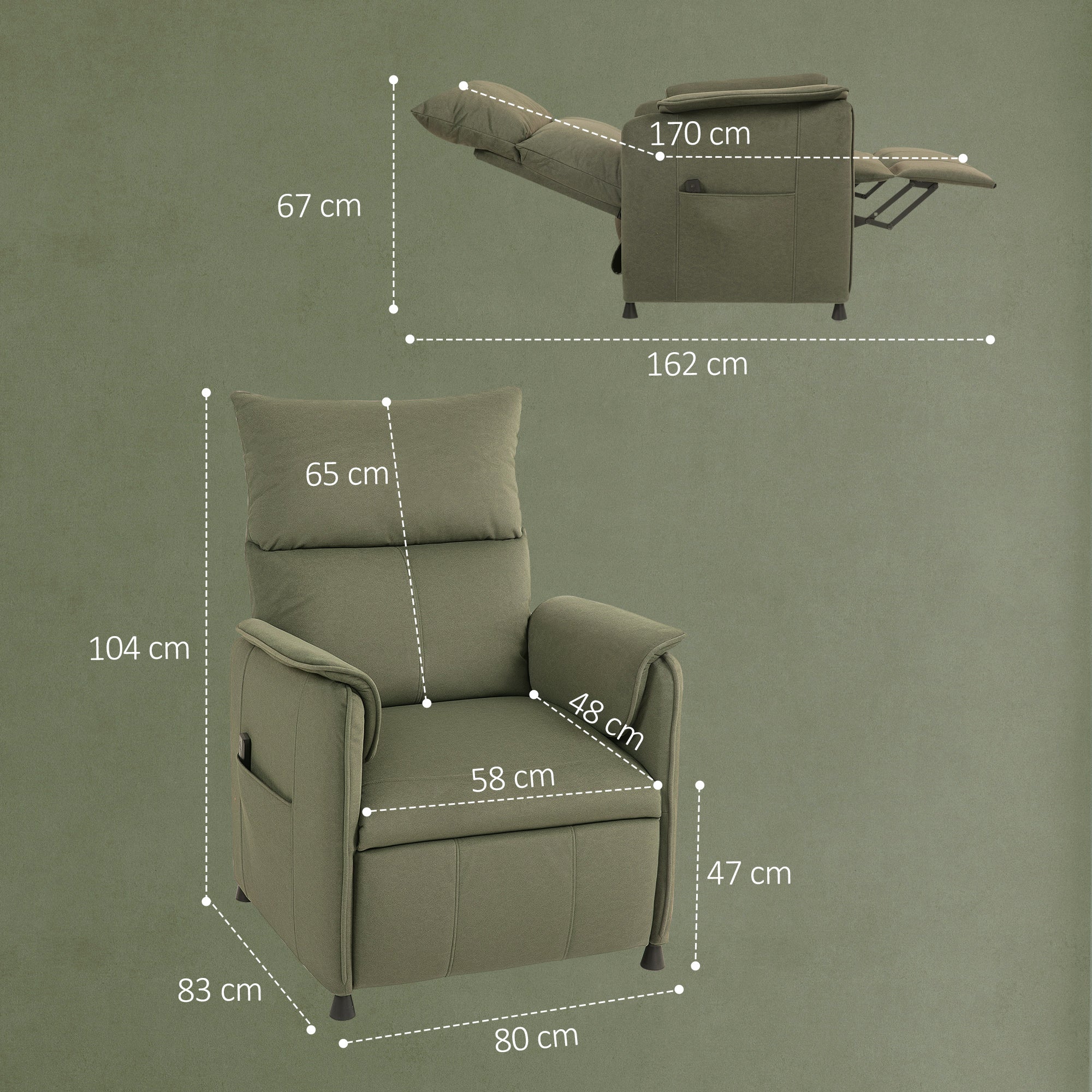 Electric Reclining Relax Armchair Silent Recliner with Memory Function Footrest Remote Control Side Pockets Pet-Friendly Fabric for Bedroom Living Room Dark Green