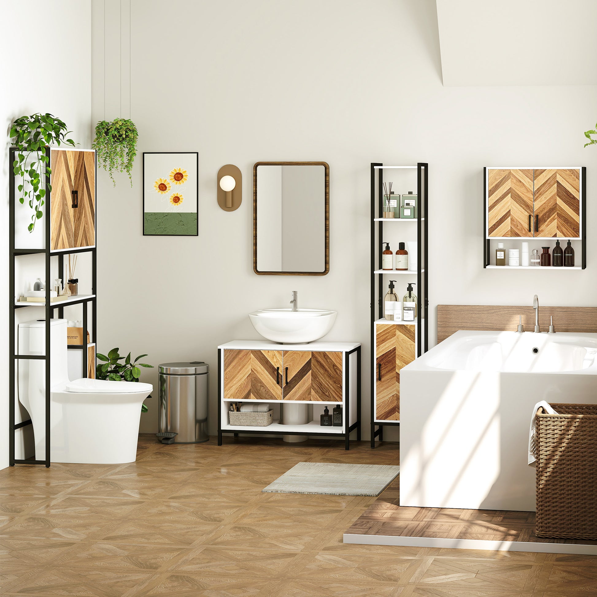 Bathroom Sink Cabinet Under Sink Cabinet with Pedestal 2 Doors Herringbone Pattern Cream and Walnut 80x40x60 cm