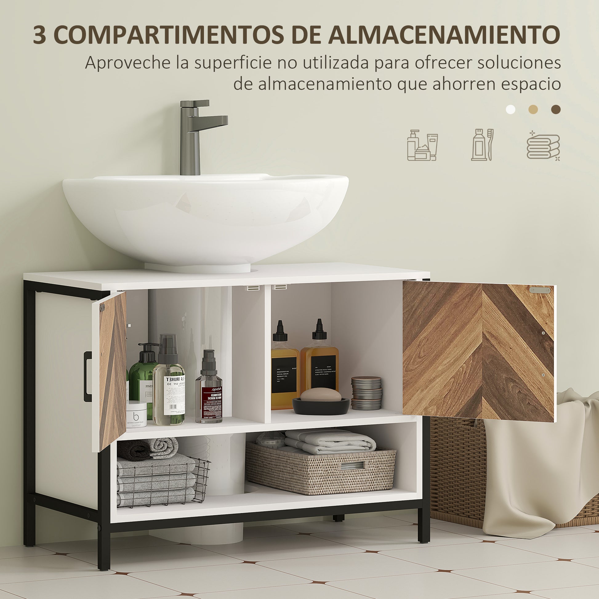 Bathroom Sink Cabinet Under Sink Cabinet with Pedestal 2 Doors Herringbone Pattern Cream and Walnut 80x40x60 cm
