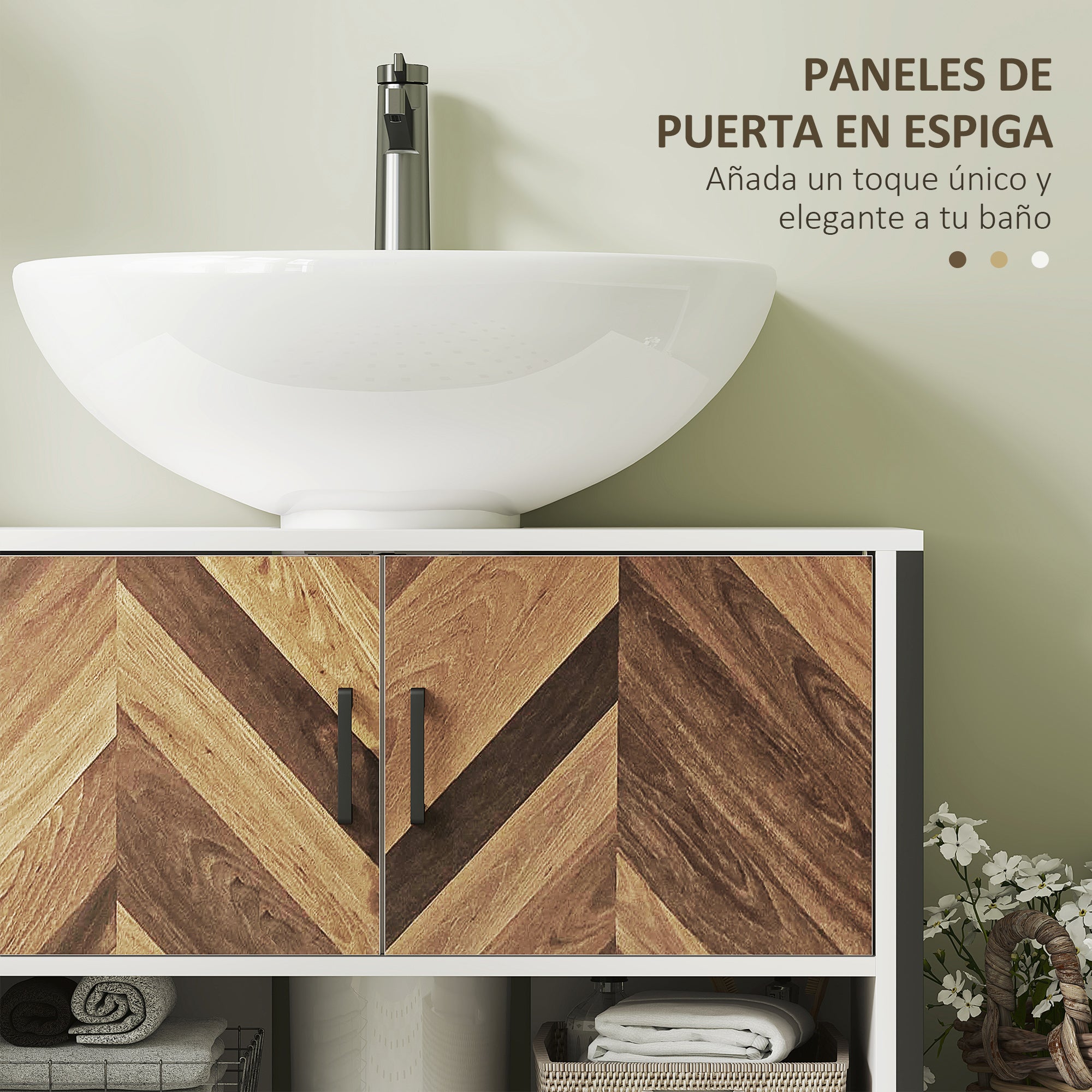 Bathroom Sink Cabinet Under Sink Cabinet with Pedestal 2 Doors Herringbone Pattern Cream and Walnut 80x40x60 cm
