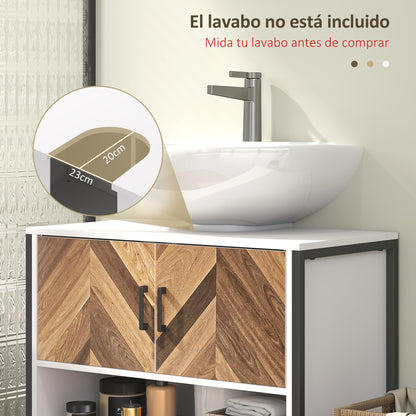 Bathroom Sink Cabinet Under Sink Cabinet with Pedestal 2 Doors Herringbone Pattern Cream and Walnut 80x40x60 cm