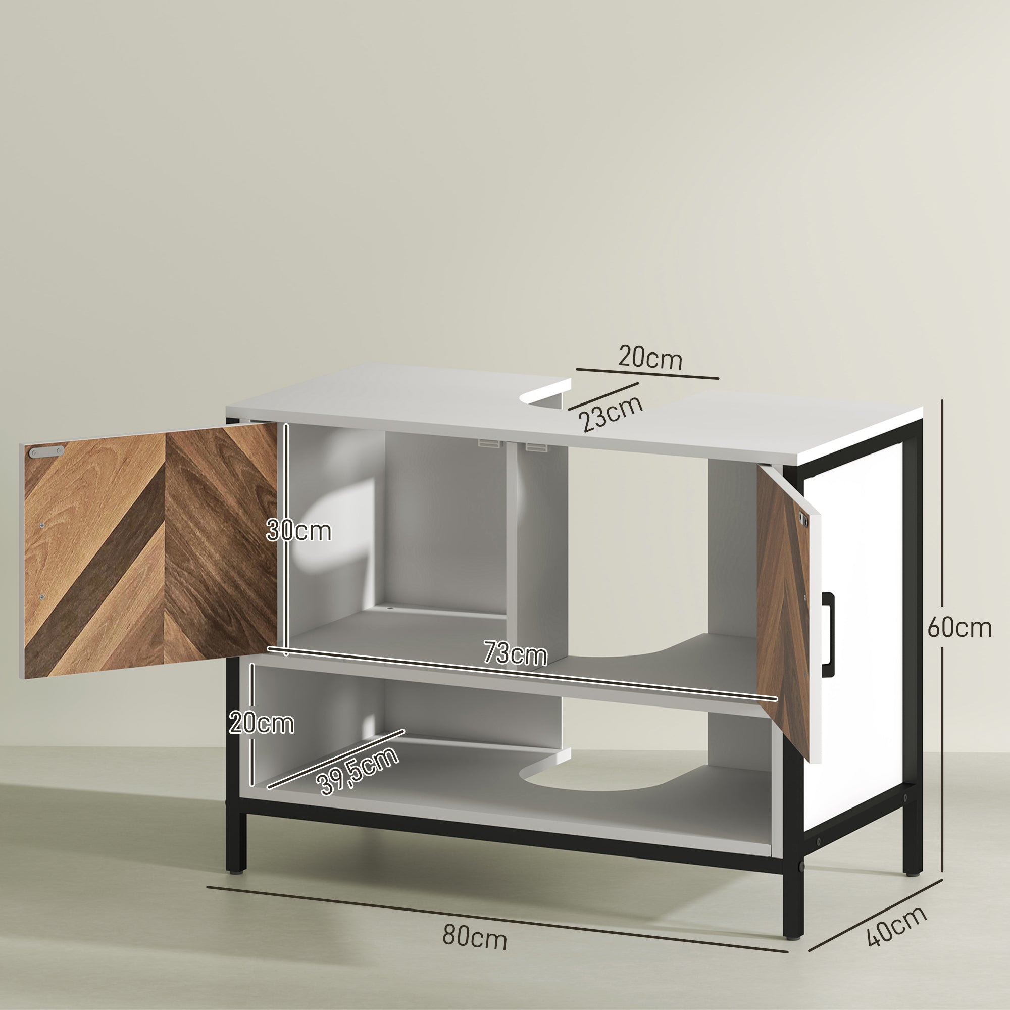Bathroom Sink Cabinet Under Sink Cabinet with Pedestal 2 Doors Herringbone Pattern Cream and Walnut 80x40x60 cm