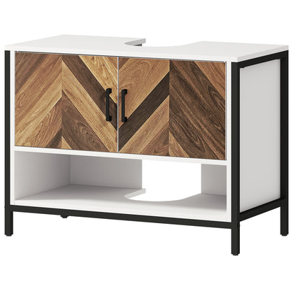 Bathroom Sink Cabinet Under Sink Cabinet with Pedestal 2 Doors Herringbone Pattern Cream and Walnut 80x40x60 cm