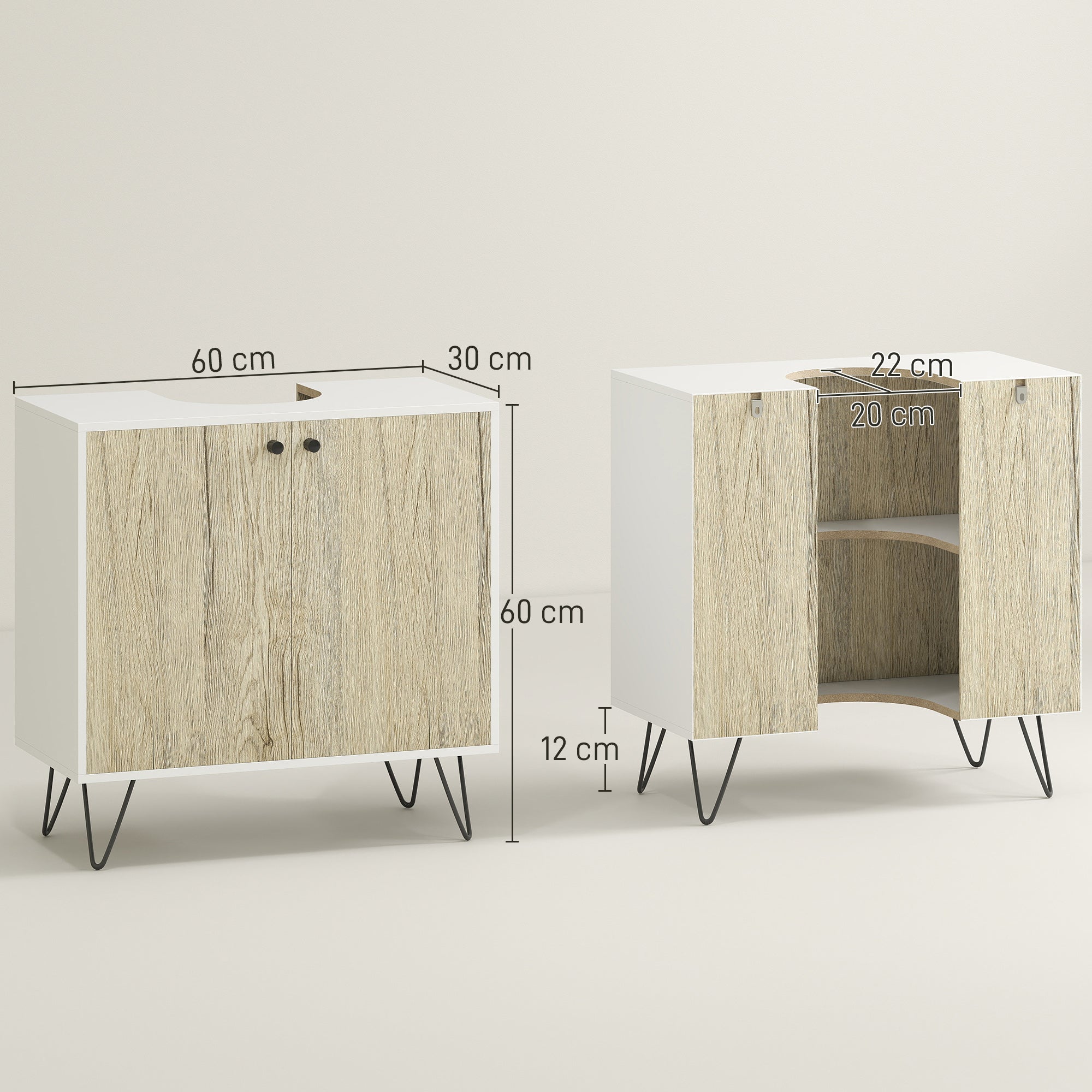 Wood Bathroom Sink Cabinet Under Sink Vanity Unit Floor Bathroom Cabinet with 2 Doors Shelf and Steel Legs 60x30x60 cm Oak and White
