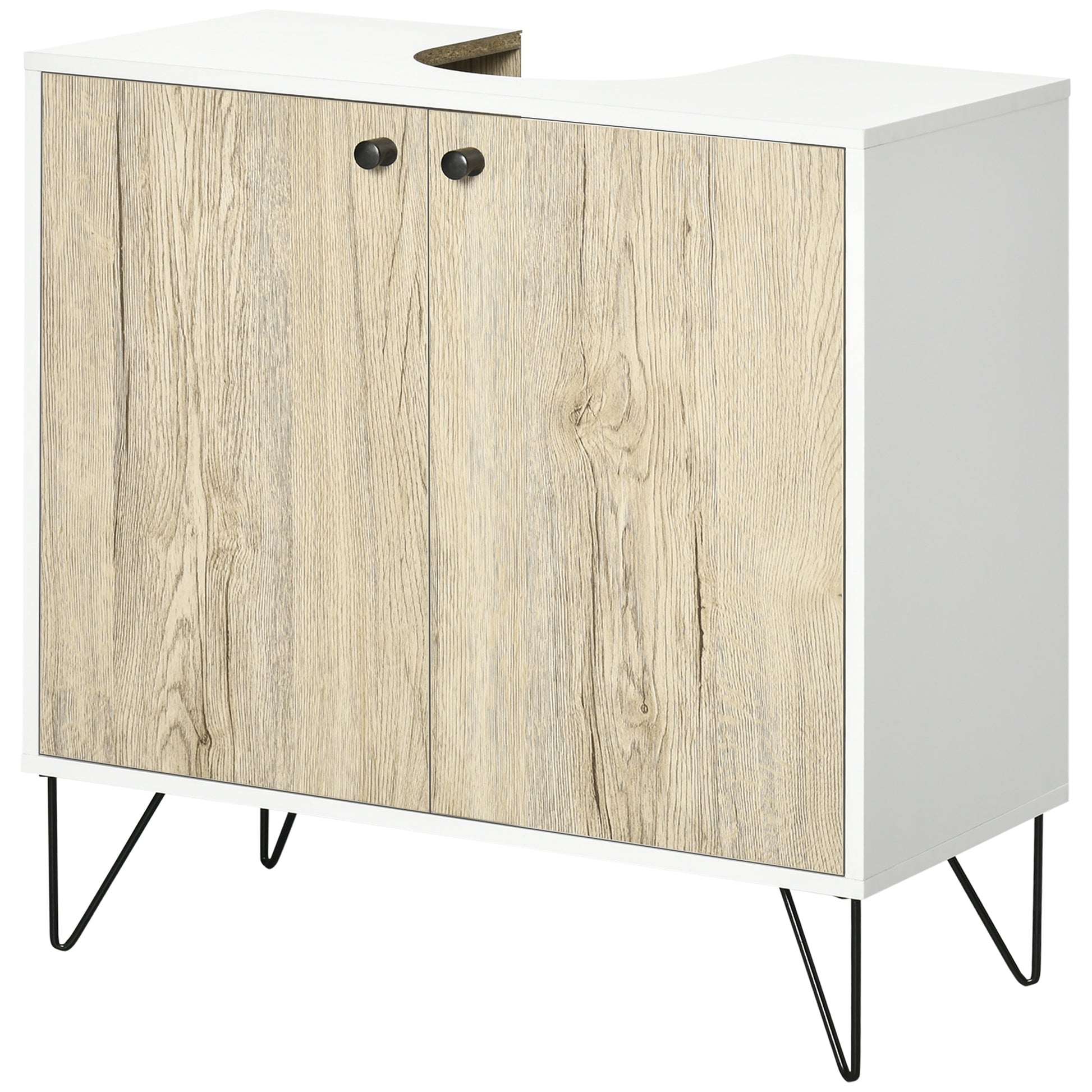Wood Bathroom Sink Cabinet Under Sink Vanity Unit Floor Bathroom Cabinet with 2 Doors Shelf and Steel Legs 60x30x60 cm Oak and White