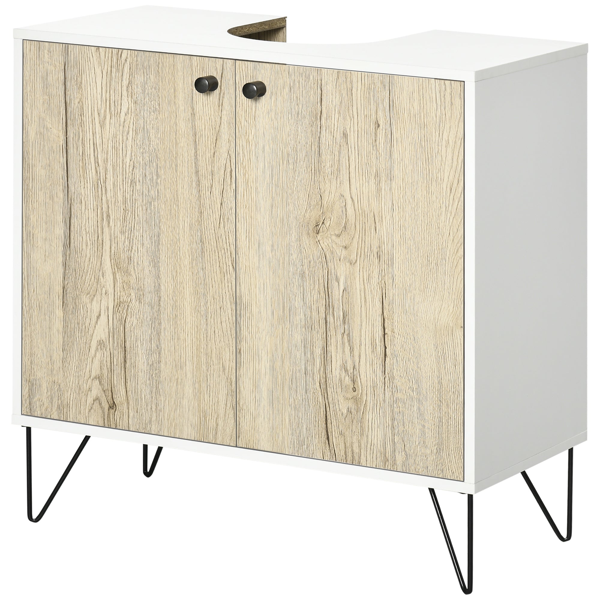 Wood Bathroom Sink Cabinet Under Sink Vanity Unit Floor Bathroom Cabinet with 2 Doors Shelf and Steel Legs 60x30x60 cm Oak and White