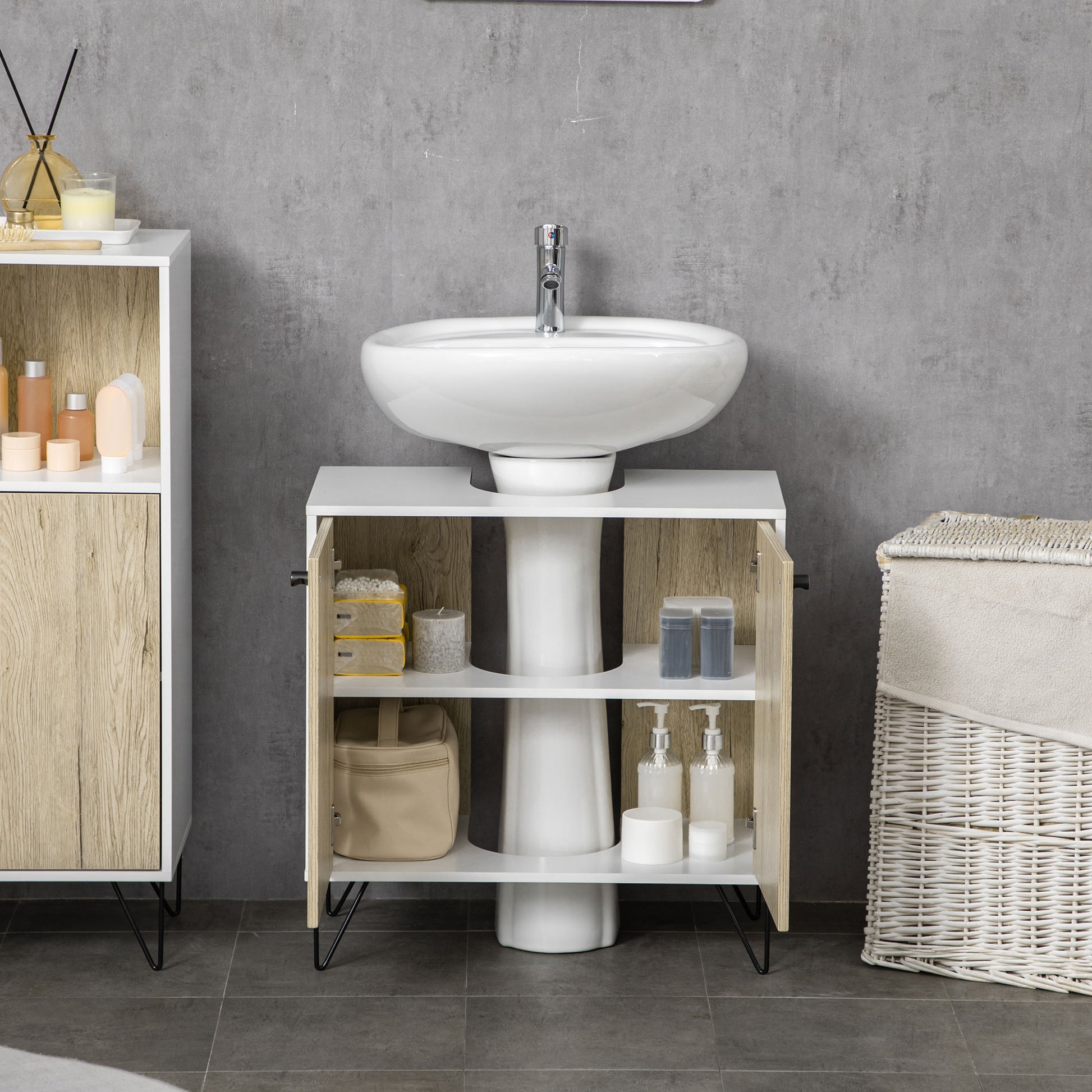 Wood Bathroom Sink Cabinet Under Sink Vanity Unit Floor Bathroom Cabinet with 2 Doors Shelf and Steel Legs 60x30x60 cm Oak and White