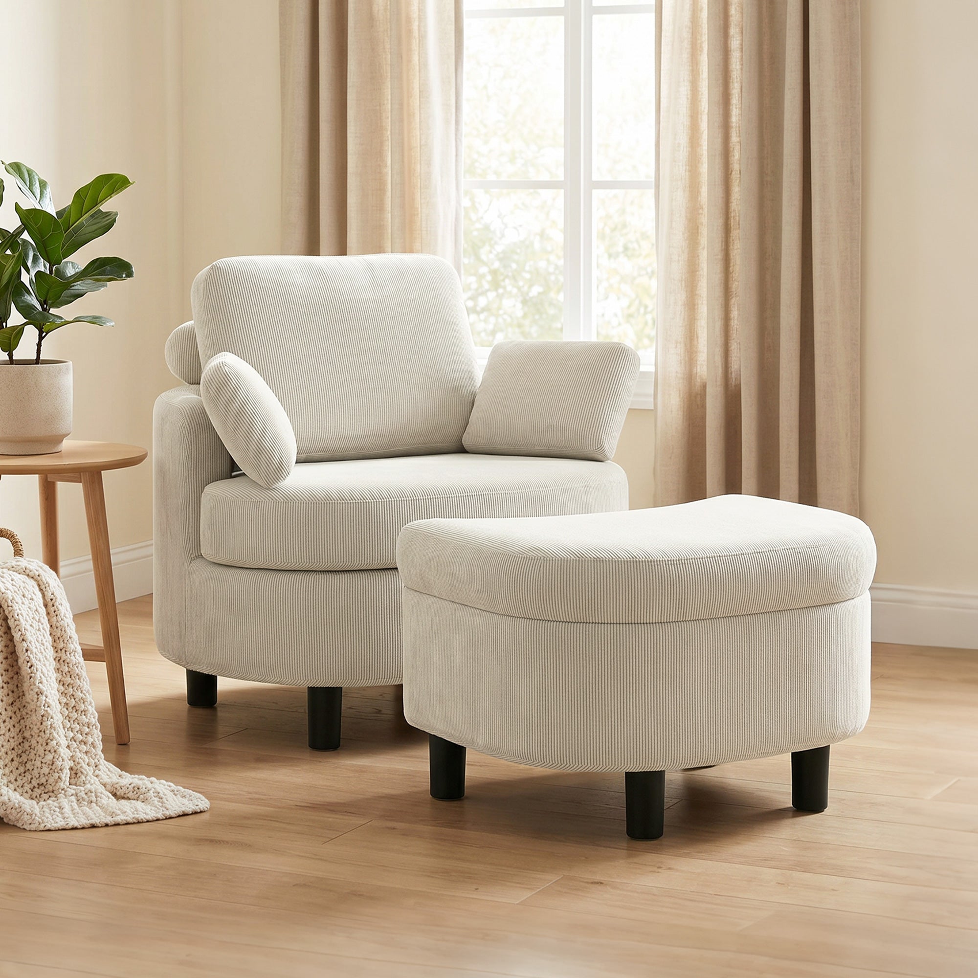 Cord Upholstered Lounge Chair with Storage Ottoman, Adjustable Headrest — Wide Relaxing Armchair for Living Room & Bedroom, Cream
