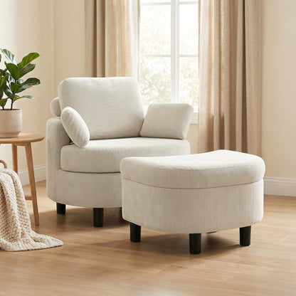 Cord Upholstered Lounge Chair with Storage Ottoman, Adjustable Headrest — Wide Relaxing Armchair for Living Room & Bedroom, Cream