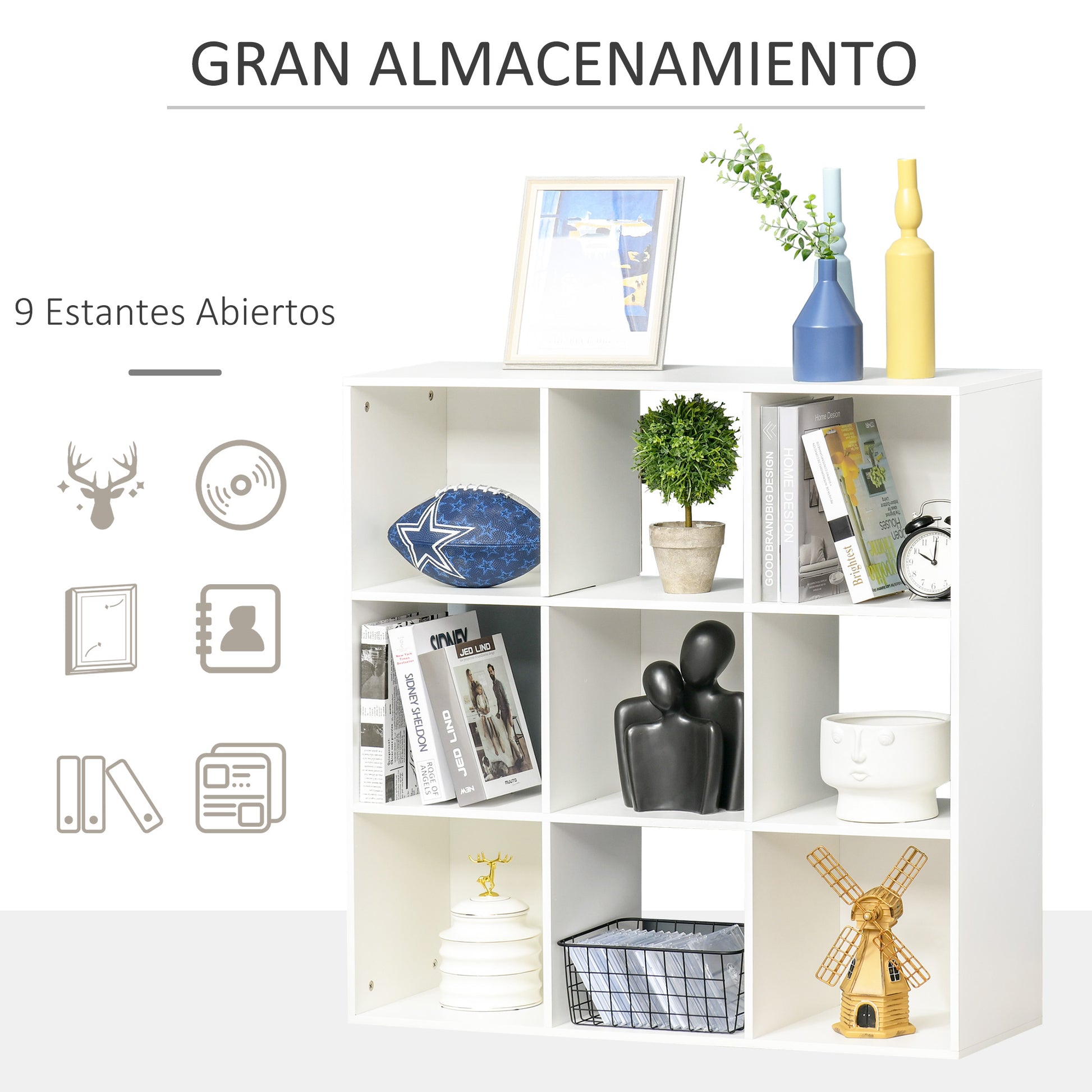 Bookshelf 3-Tier Storage Cabinet 9 Cubes Freestanding Shelf Room Divider Display Stand 91.5x29.5x91.5cm Wood