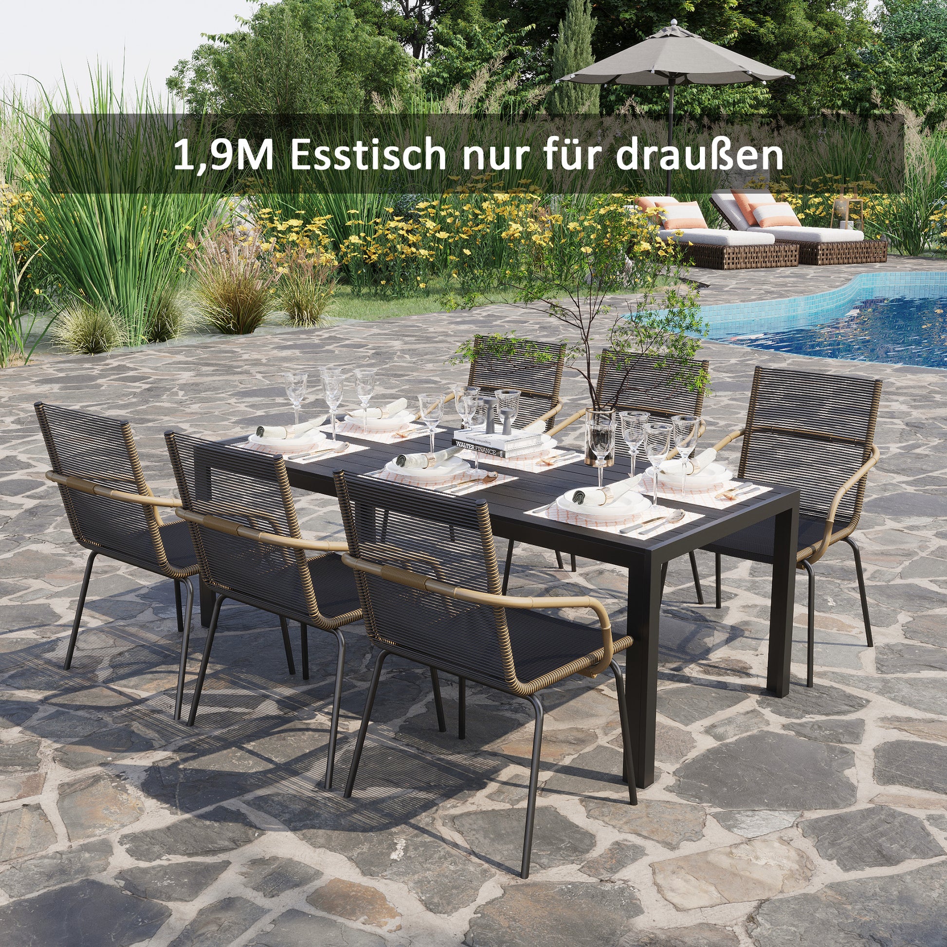 Garden Table Plastic 190 x 84.5 x 72 cm Weatherproof, Wood Look, Wood Structure, Non-Slip Buffet Table Camping Table Balcony Table Terrace Table Outdoor Dining Table for Garden, Balcony Black