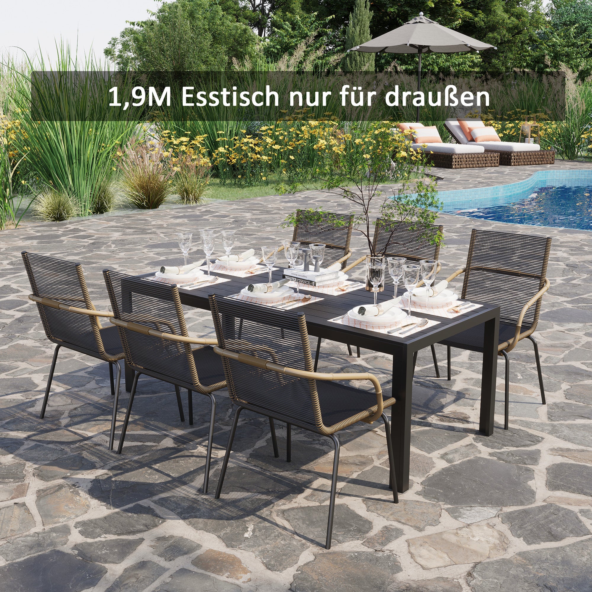 Garden Table Plastic 190 x 84.5 x 72 cm Weatherproof, Wood Look, Wood Structure, Non-Slip Buffet Table Camping Table Balcony Table Terrace Table Outdoor Dining Table for Garden, Balcony Black