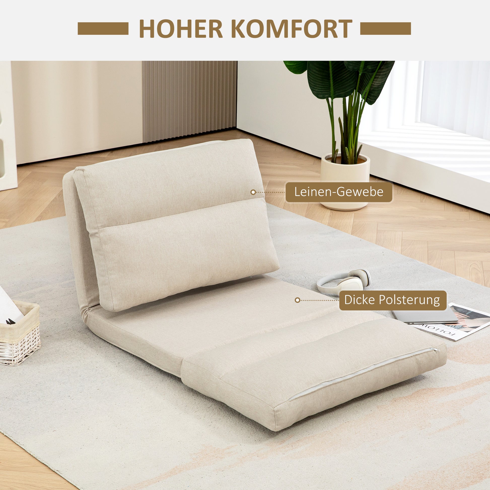 Floor Chair Floor Seat with 6-Level Adjustable Backrest, Folding Meditation Chair with Linen Look, Padded Floor Sofa for Living Room, Bedroom, Beige