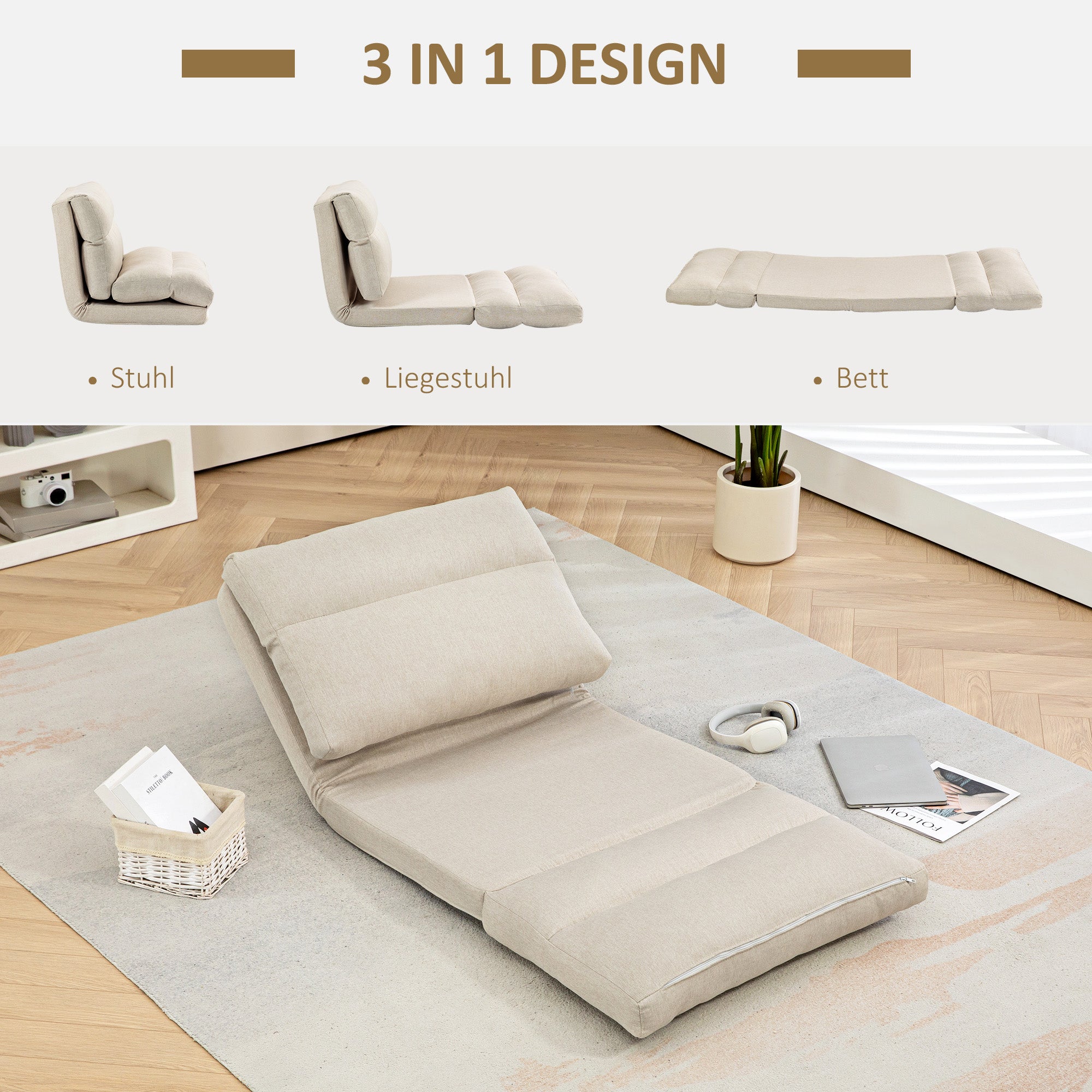 Floor Chair Floor Seat with 6-Level Adjustable Backrest, Folding Meditation Chair with Linen Look, Padded Floor Sofa for Living Room, Bedroom, Beige