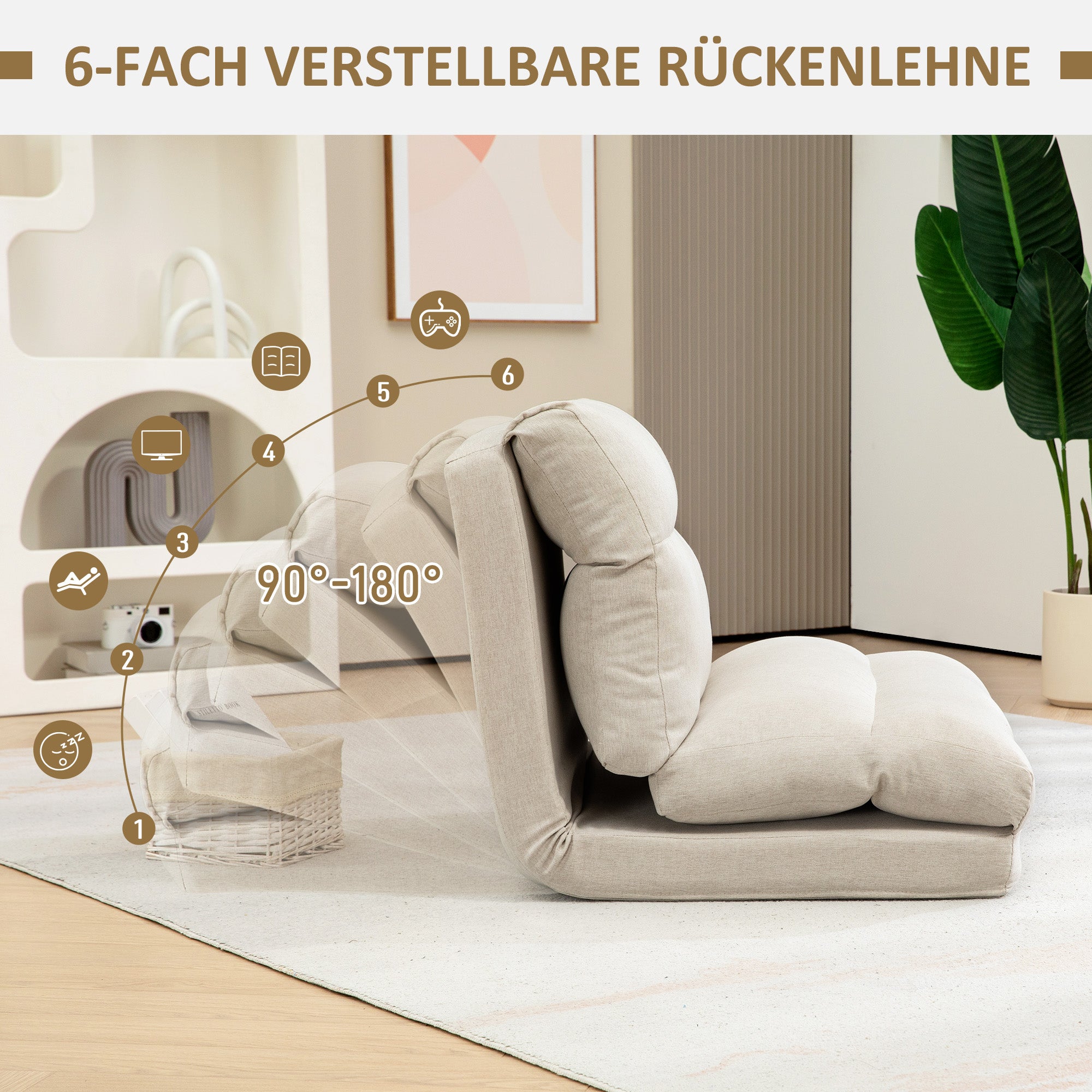 Floor Chair Floor Seat with 6-Level Adjustable Backrest, Folding Meditation Chair with Linen Look, Padded Floor Sofa for Living Room, Bedroom, Beige