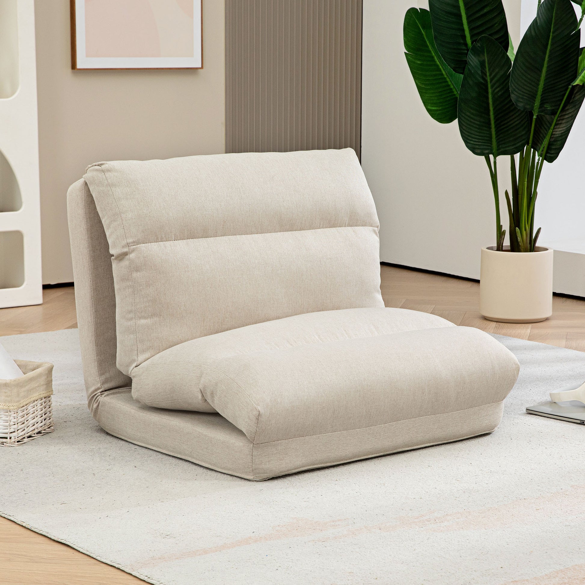 Floor Chair Floor Seat with 6-Level Adjustable Backrest, Folding Meditation Chair with Linen Look, Padded Floor Sofa for Living Room, Bedroom, Beige