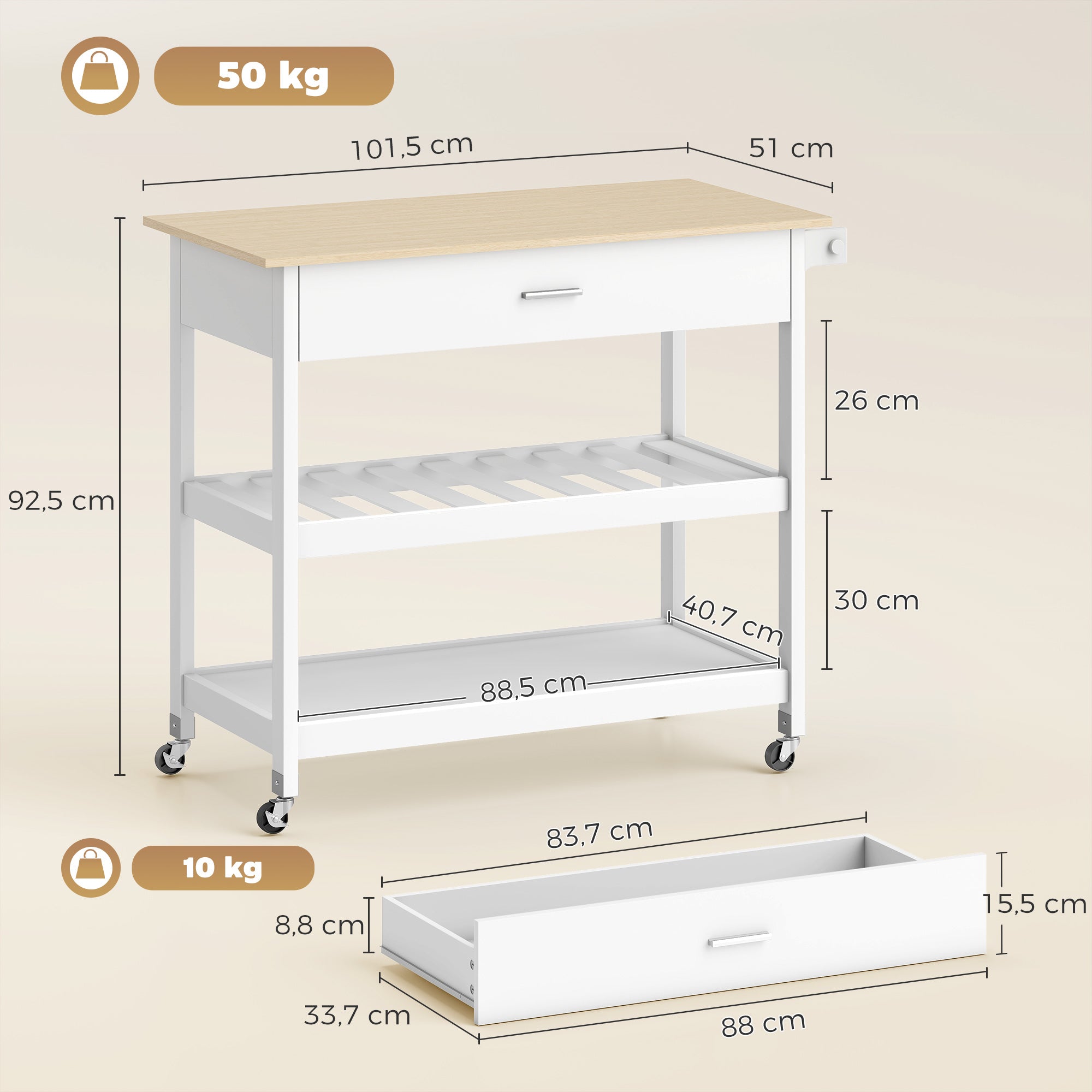 3-Tier Serving Cart with Large Worktop, Drawer & 2 Open Shelves, Towel Rack, Rolling Kitchen Trolley, White — 108.8 x 51 x 92.5 cm (42.8 x 20.1 x 36.4 in)