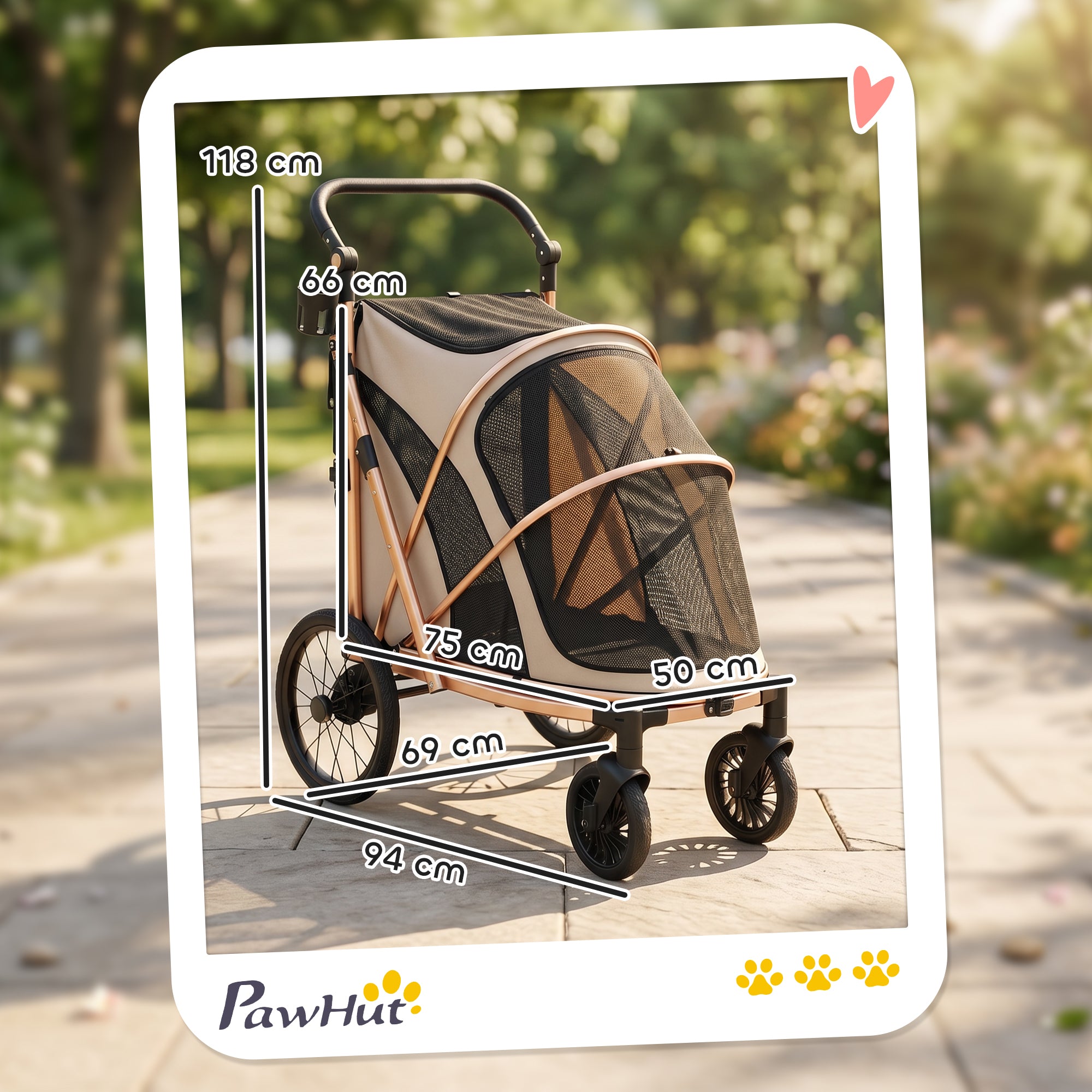 Folding Dog Stroller – Up to 44 lb, Large Wheels, Suspension & Brake, Mesh Windows, Aluminum Frame, Removable Cushion, Straps, Adjustable Handle, Light Brown