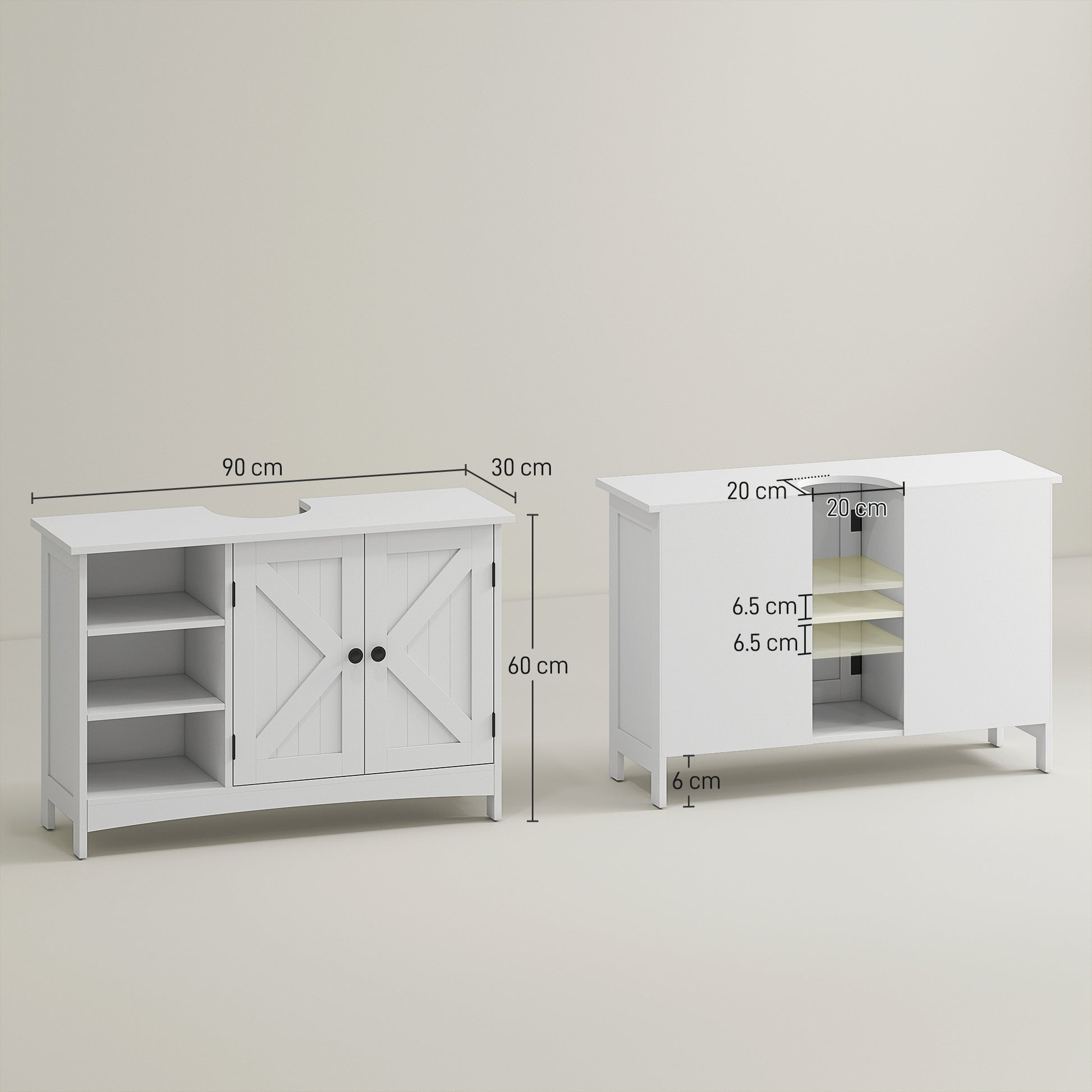 Wooden Under Sink Bathroom Cabinet Floor Standing Sink Cabinet with 2 Doors and Adjustable Shelves Anti-tip Modern Style Load 31 kg 90x30x60 cm White
